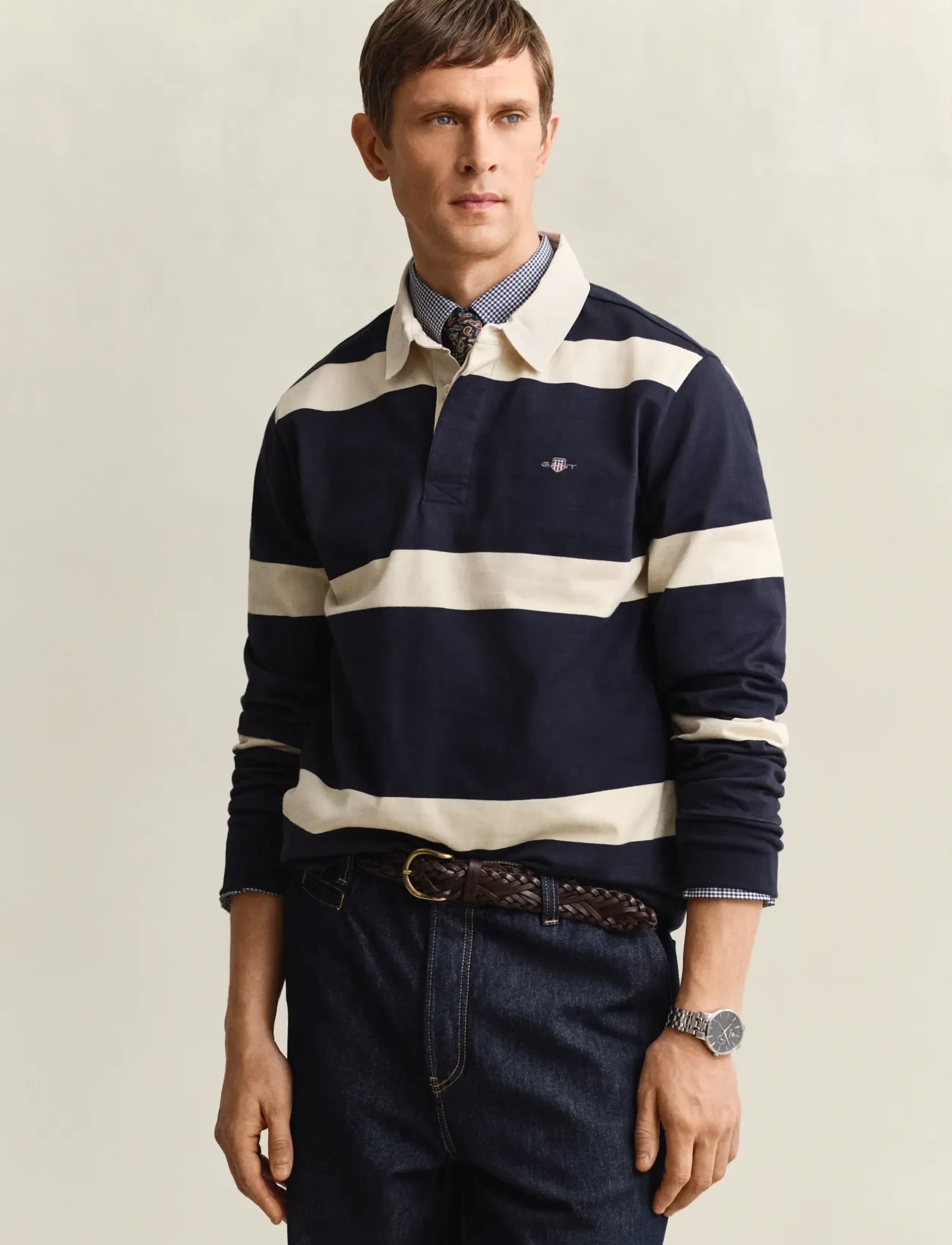 Gant Striped Rugger, Mænd, Stribet Rugbytrøje, Navy, Str: XL