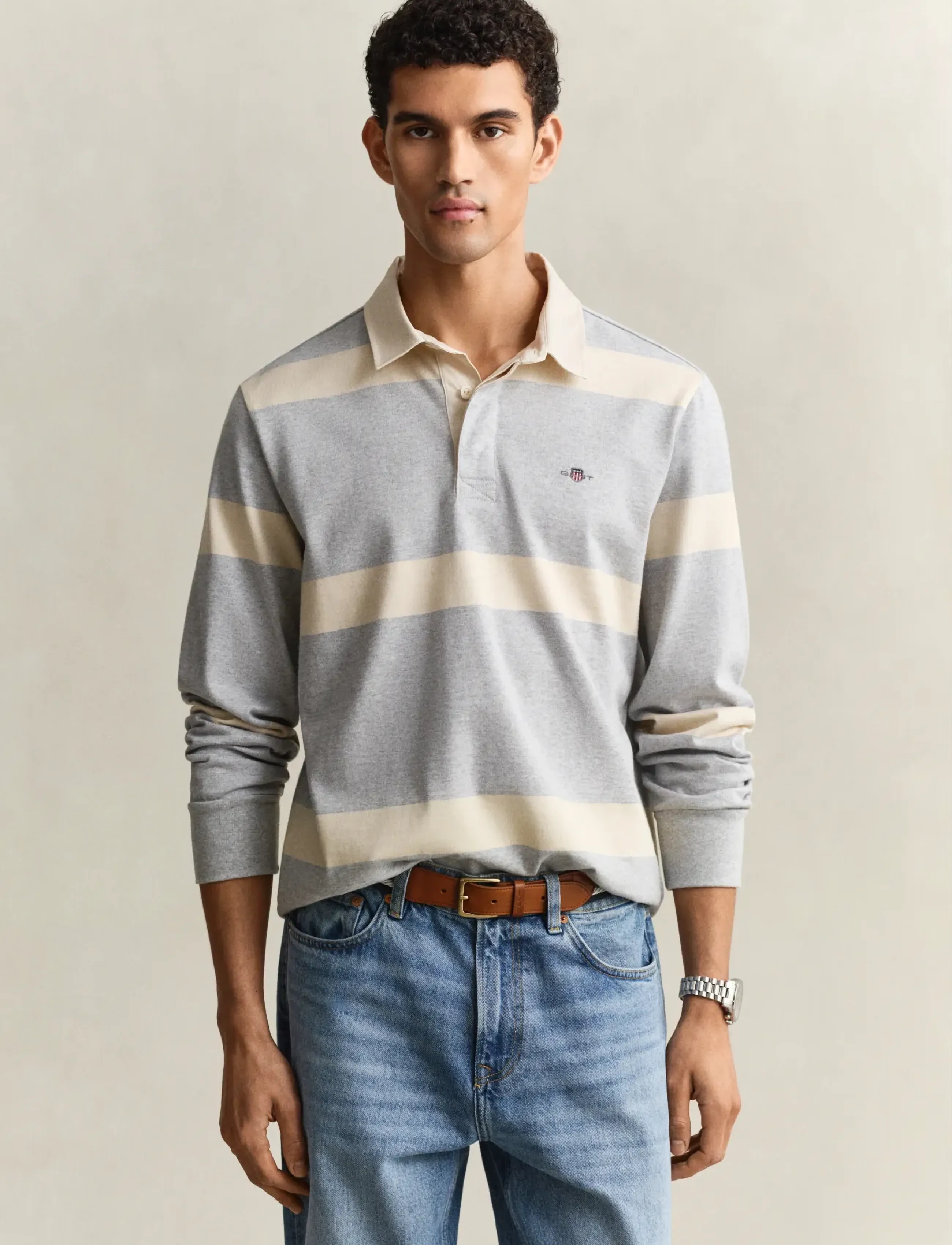 Gant Striped Rugger, Mænd, Stribet Rugbytrøje, Grå, Str: XL