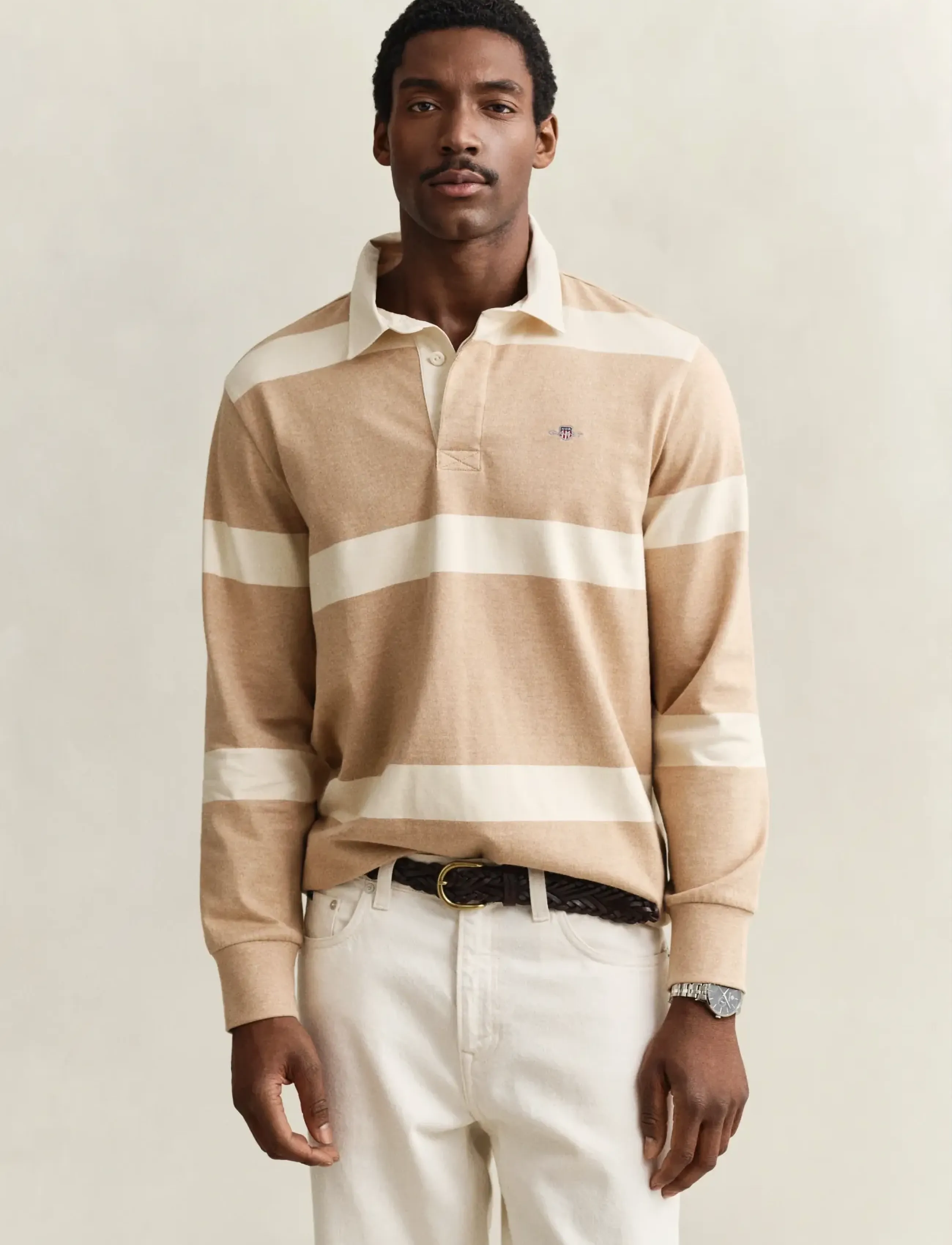Gant Striped Rugger, Mænd, Stribet Rugbytrøje, Beige, Str: S