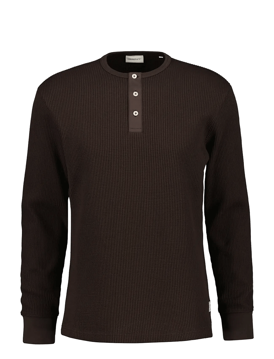 Gant - WAFFLE LS HENLEY - long-sleeved t-shirts - black brown - 0