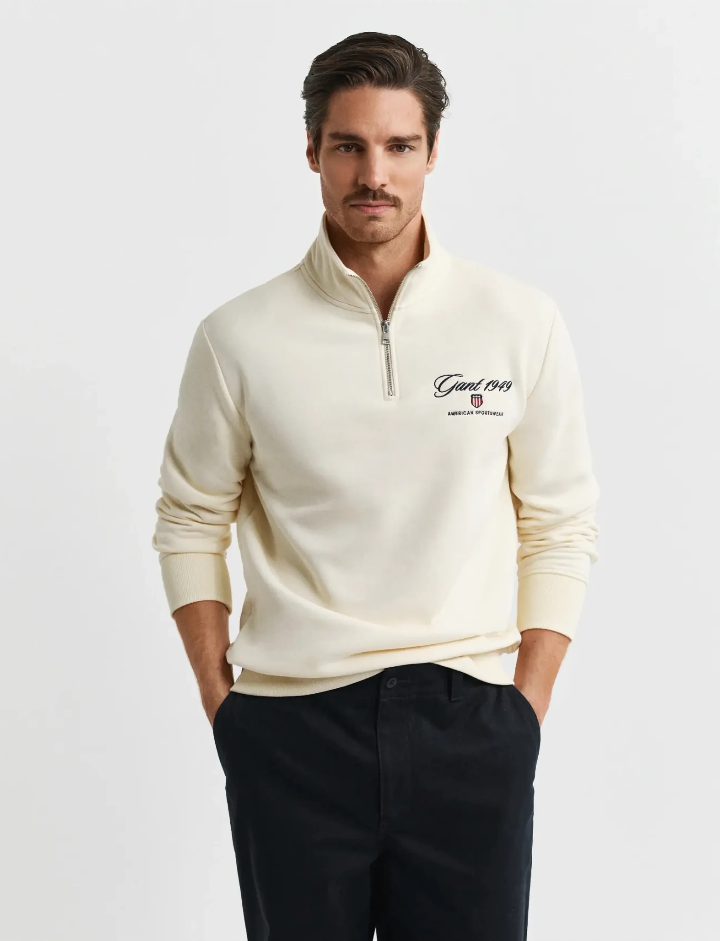 Gant Graphic Half Zip, Mænd, Half Zip Sweatshirt, Cream, Str: XXL