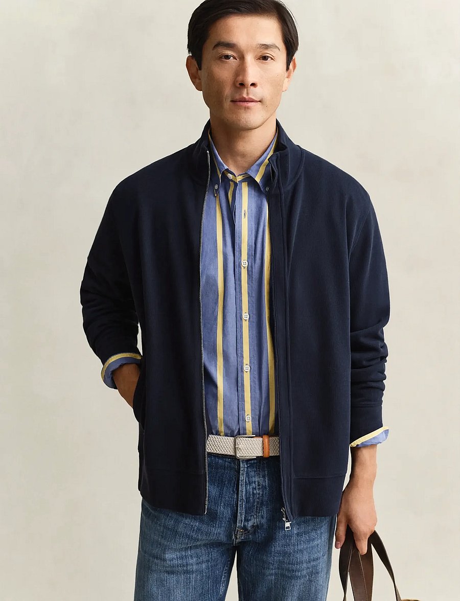 Gant - LIGHT SACKER RIB FZ - pullover mit durchgehendem reißverschluss - evening blue - 0