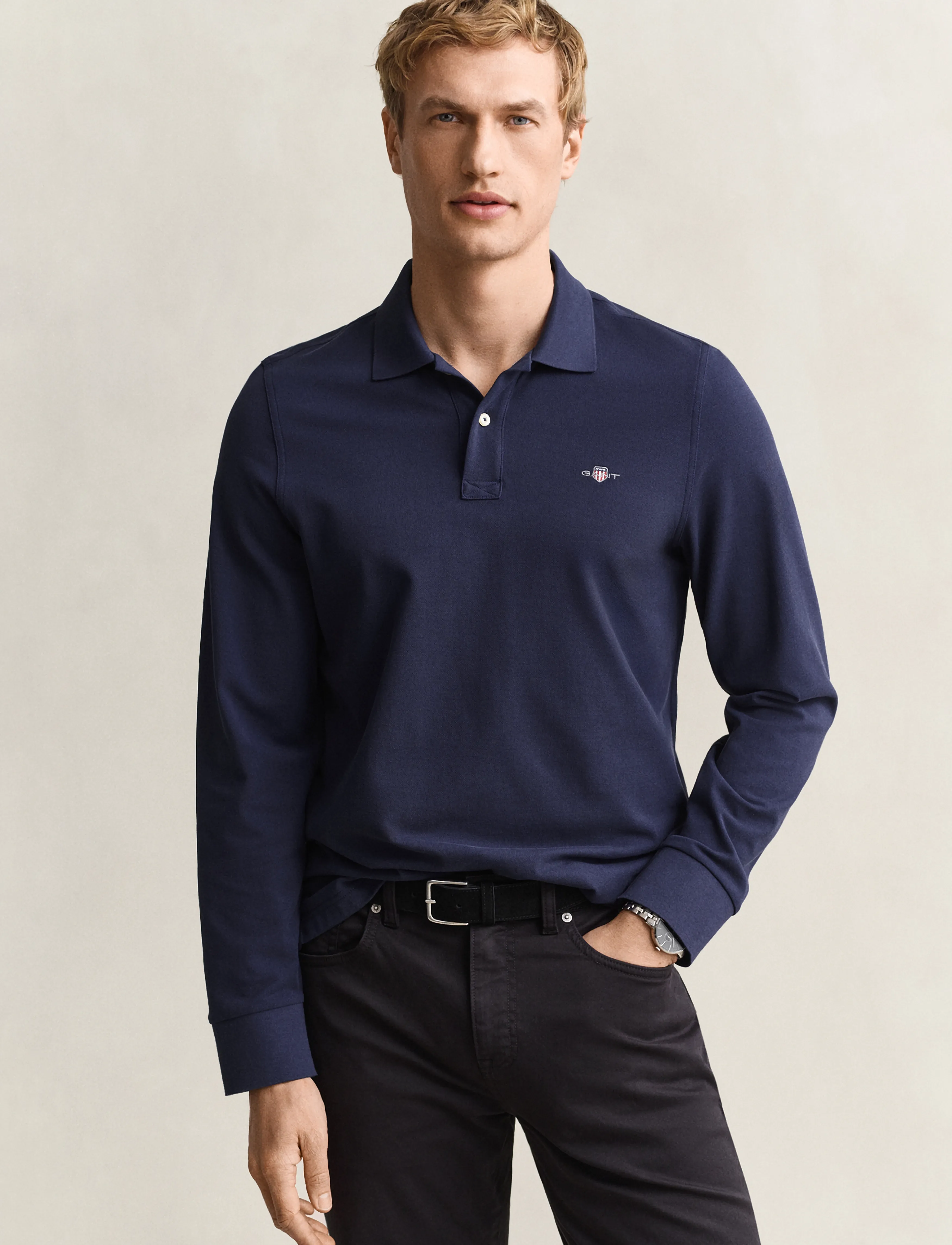 Gant Long Sleeve Polo Shirt, X3XL, Polos, Marineblau - Long-sleeved, Männerswear