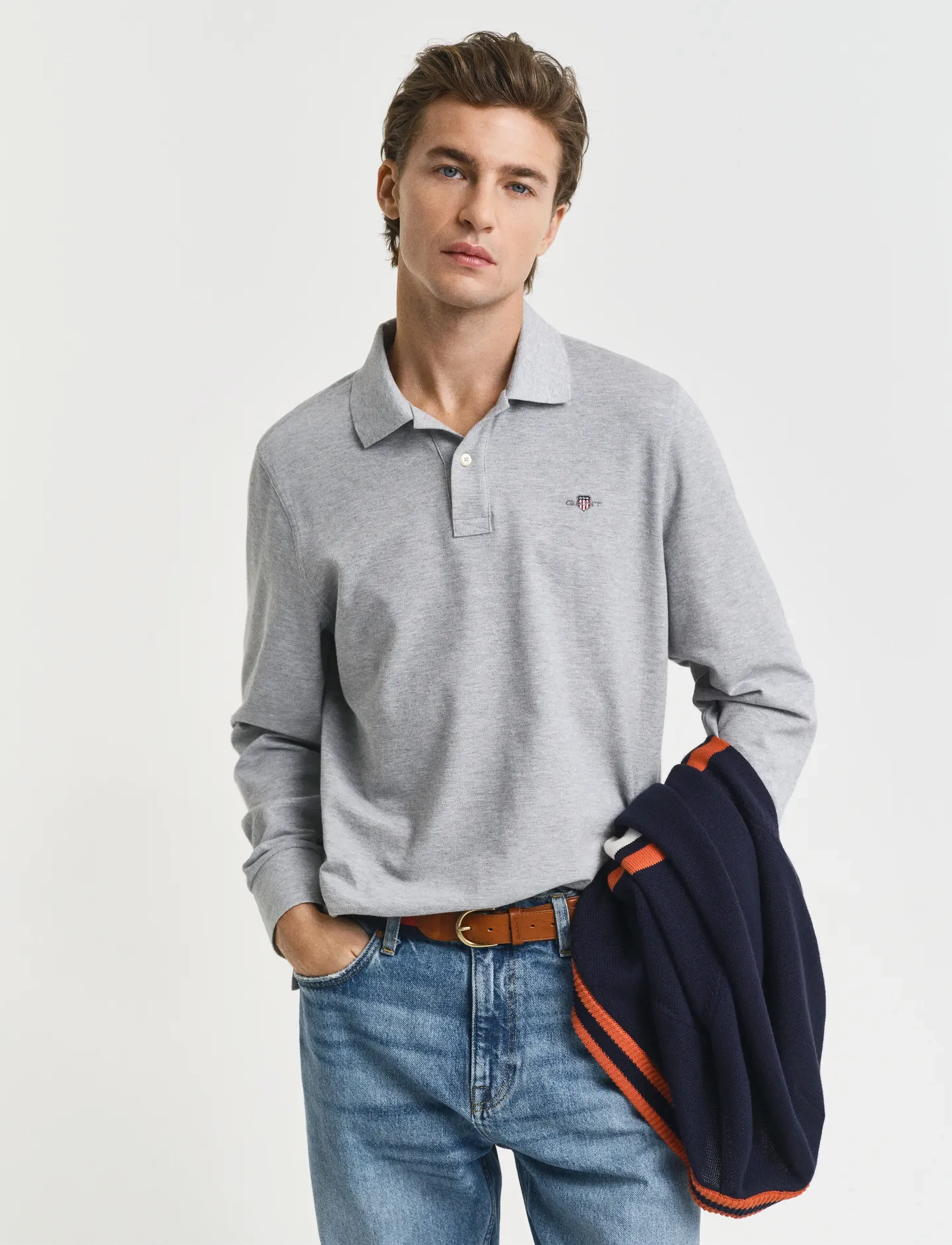 Gant Long Sleeve Polo Shirt, XL, Polos, Grau - Long-sleeved, Männerswear