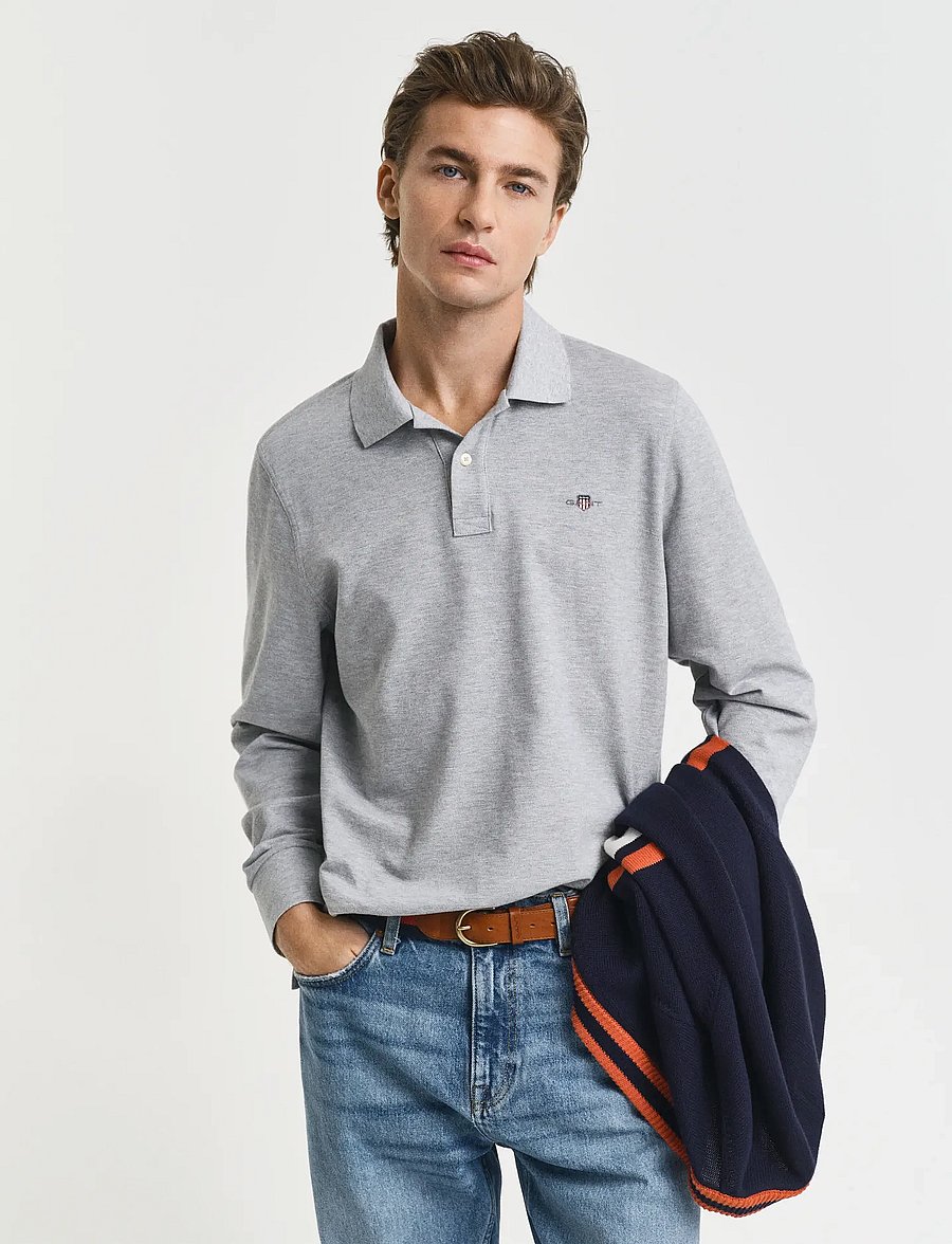 Gant - Long Sleeve Polo Shirt - langärmelig - grey melange - 0
