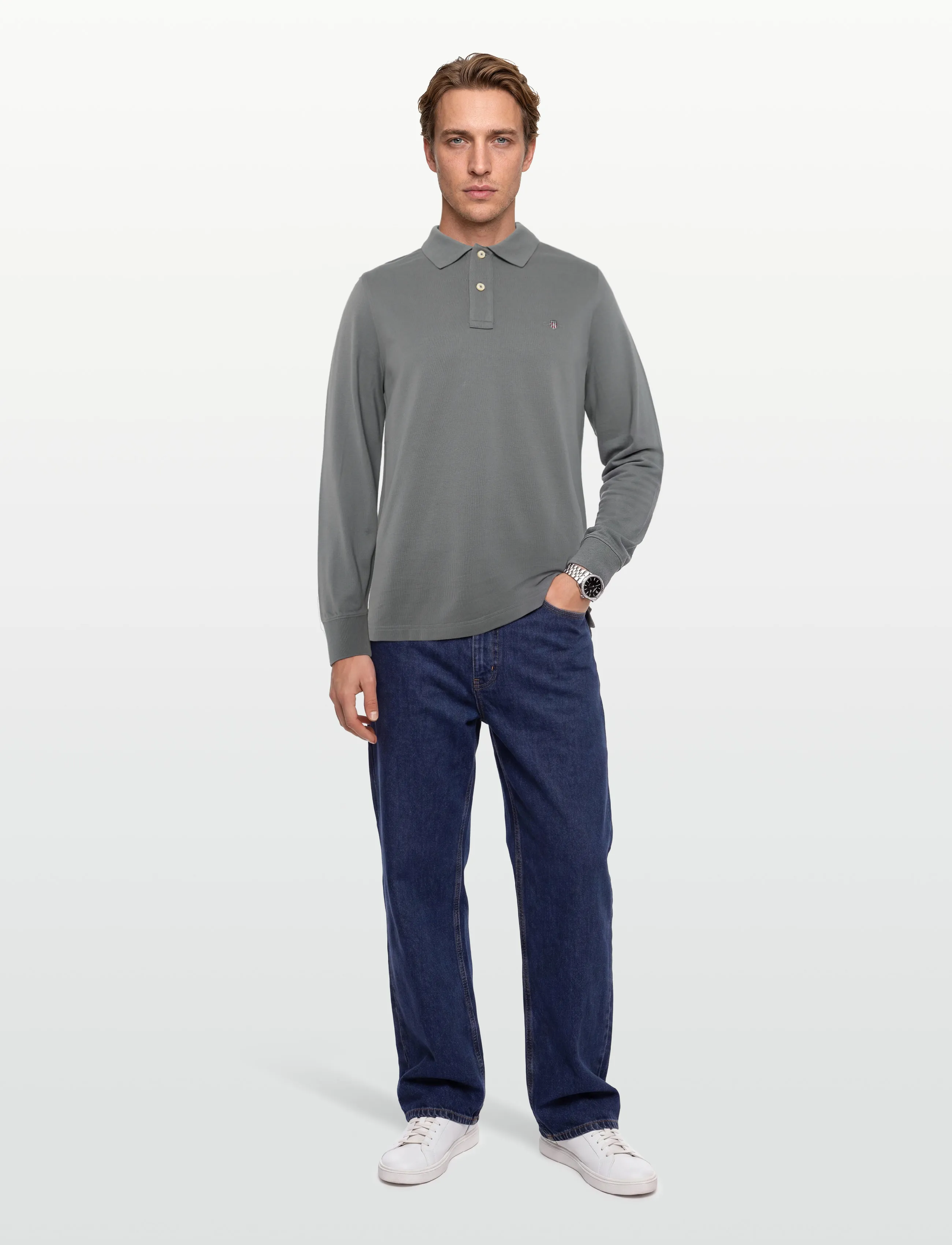 Gant Long Sleeve Polo Shirt, 3XL, Polos, Grau - Long-sleeved, Männerswear