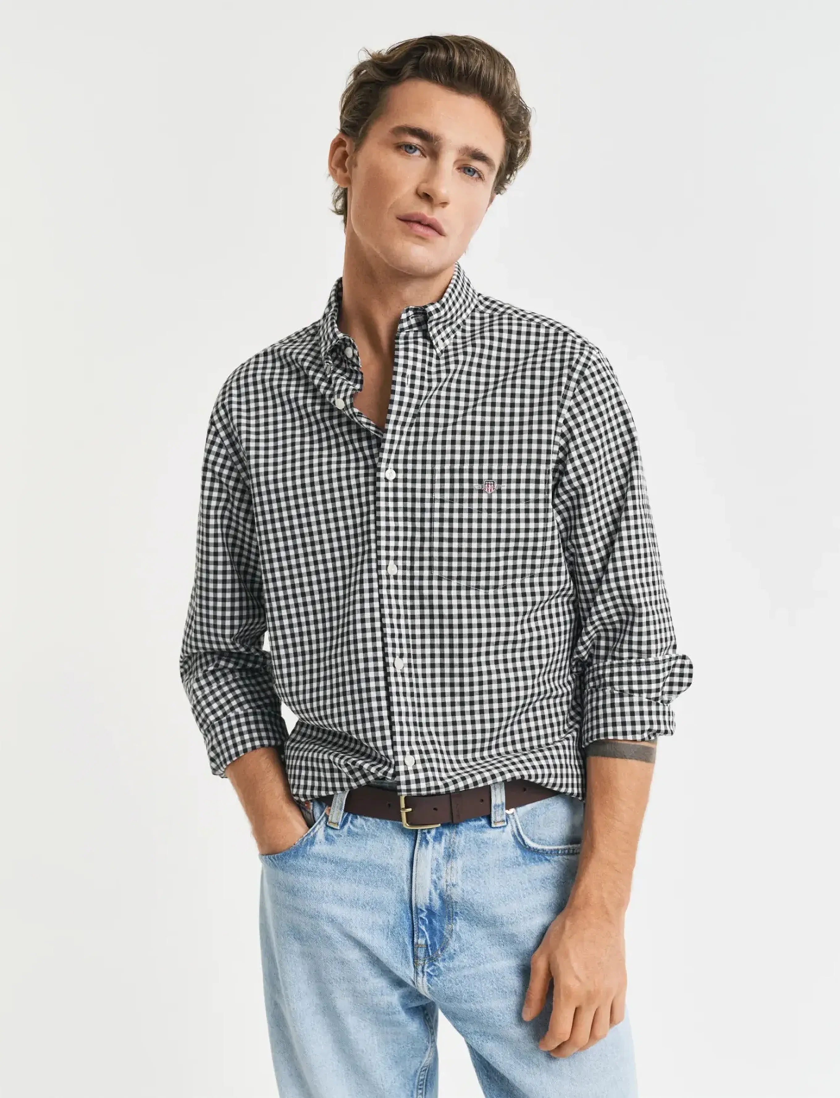 Gant Reg Classic Poplin Gingham Shirt, Mænd, Gingham Button-Down Skjorte, Sort, Str: S