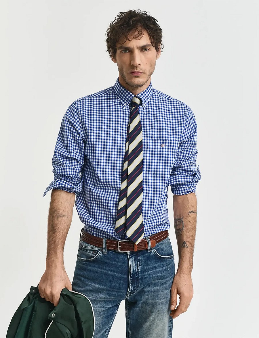 Gant - REG CLASSIC POPLIN GINGHAM SHIRT - rutiga skjortor - college blue - 0