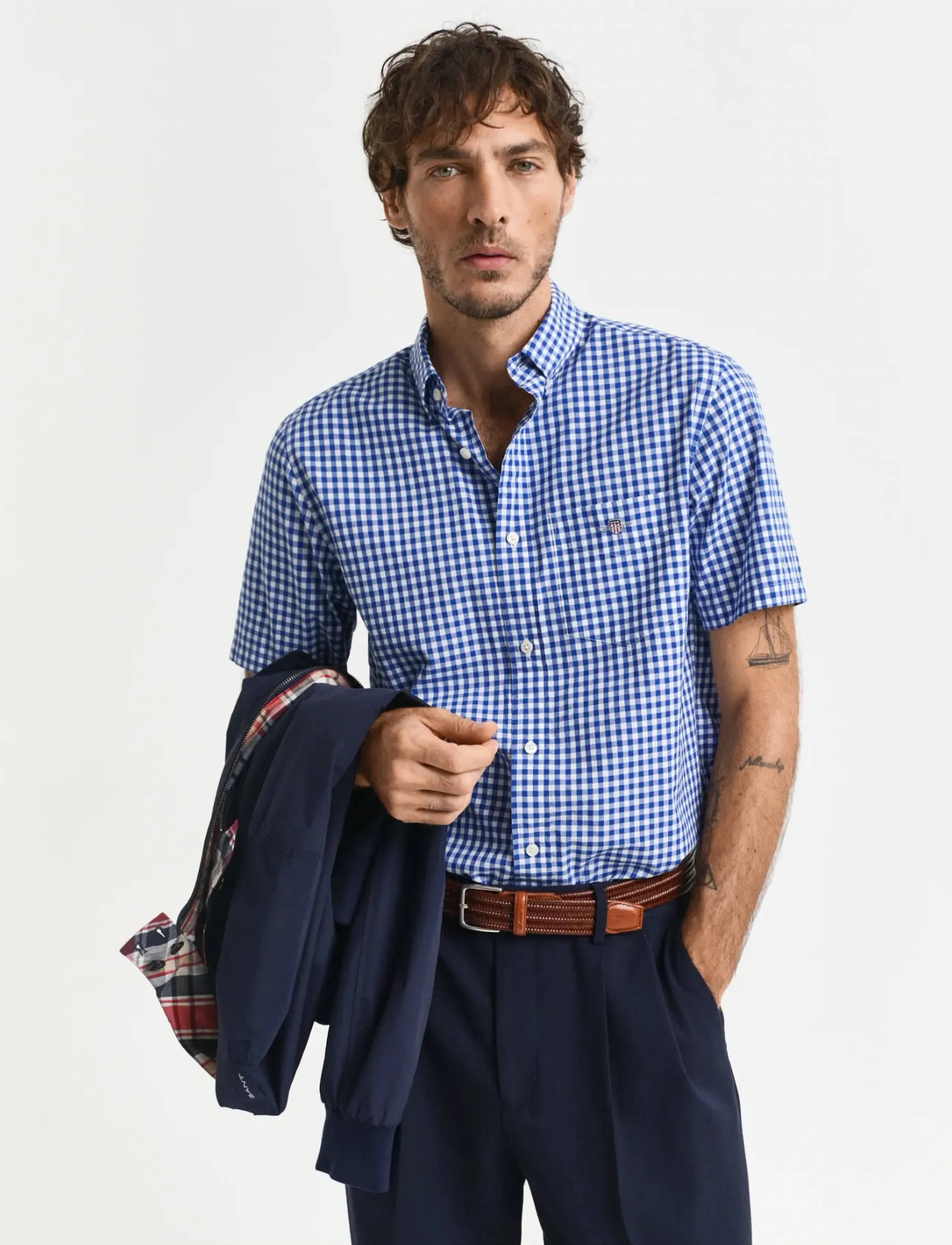Gant Reg Poplin Gingham Ss Shirt, Mænd, Kortærmet Gingham Skjorte, Blå, Str: S