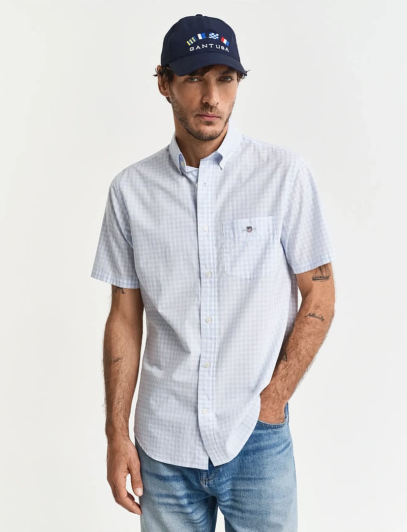 GANT - REG POPLIN GINGHAM SS SHIRT - checkered shirts - light blue - 0
