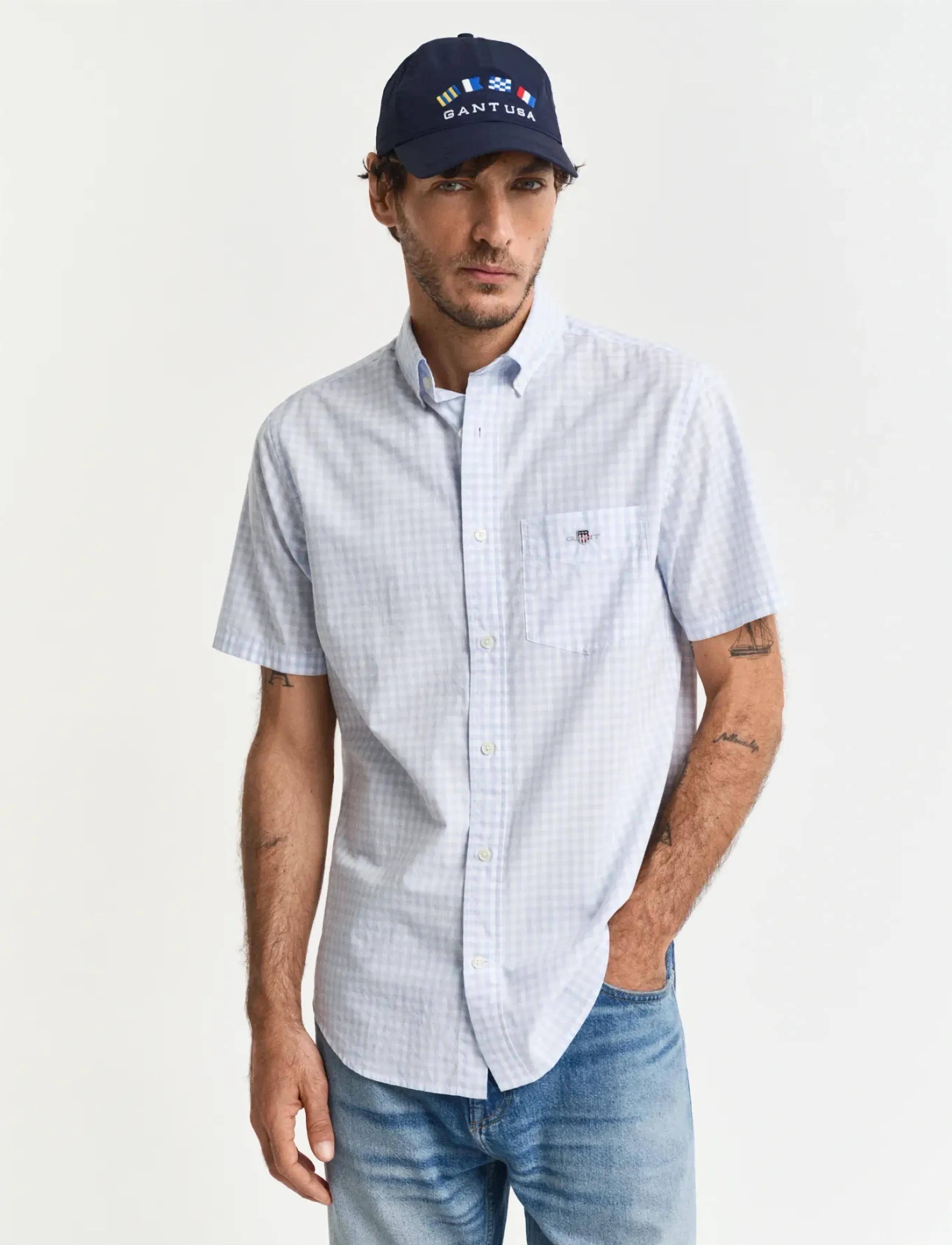 Gant REG POPLIN GINGHAM SS SHIRT - Skjorter - LIGHT BLUE / blue