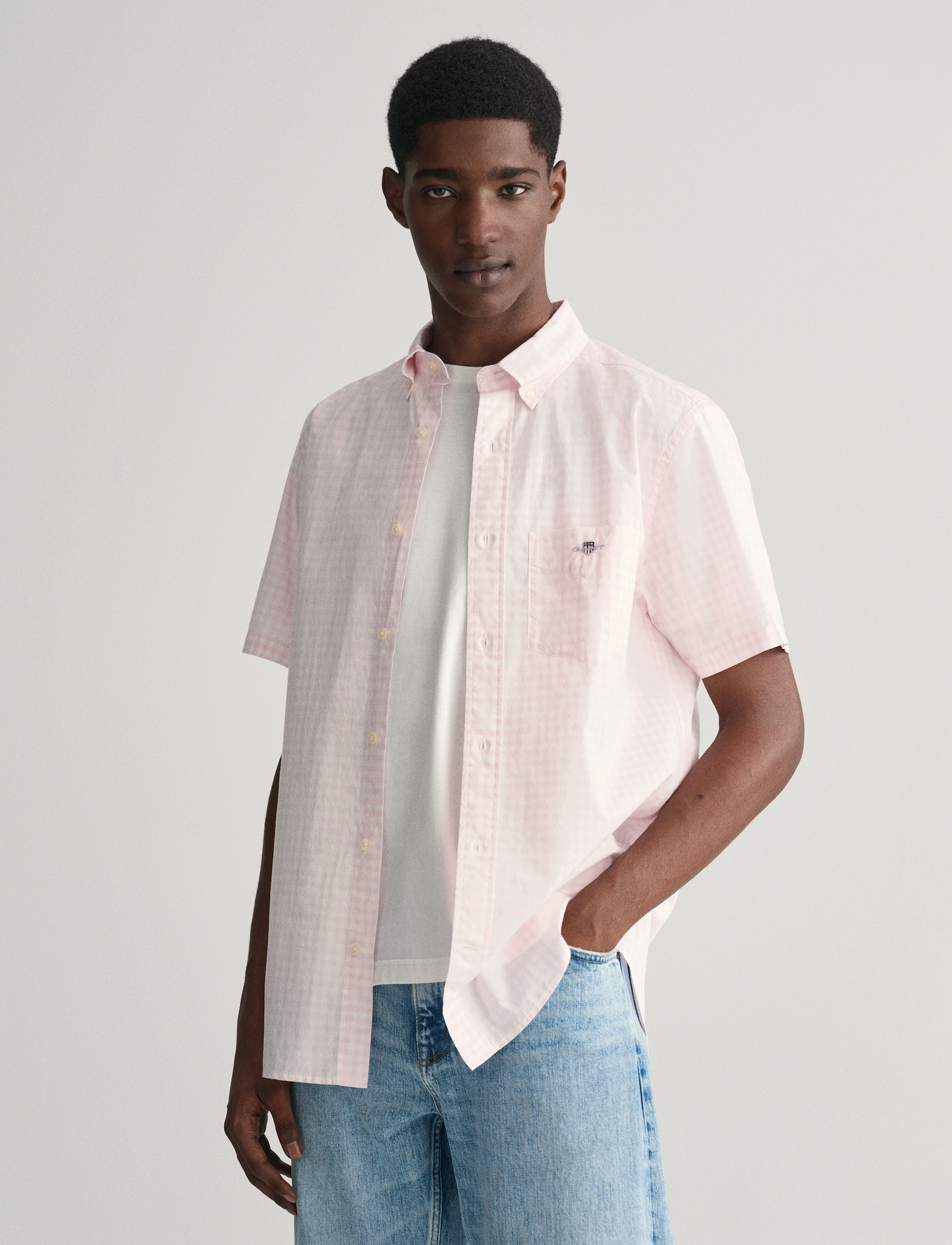 Gant Reg Poplin Gingham Ss Shirt, Mænd, Kortærmet Gingham Skjorte, Pink, Str: S