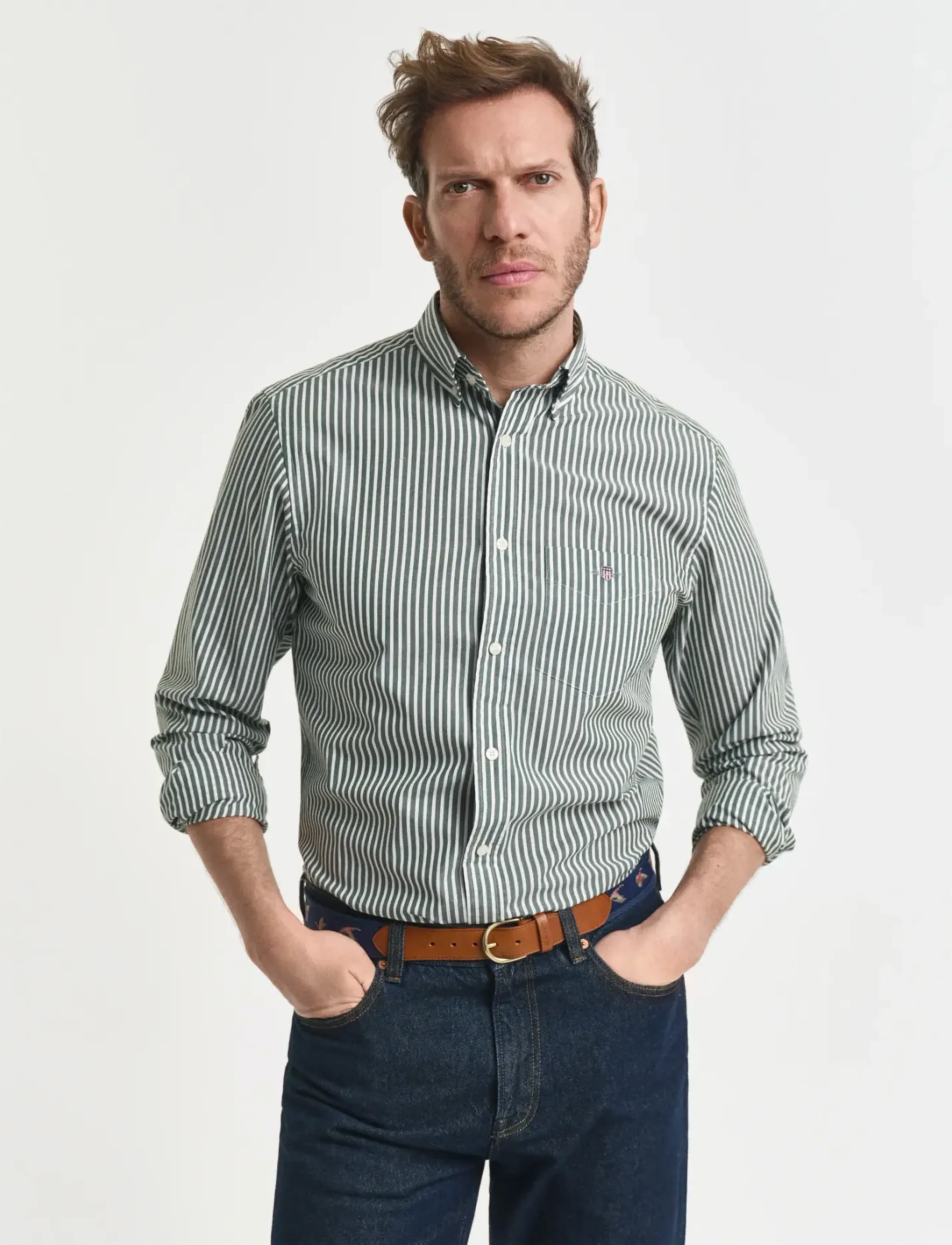 Gant REG CLASSIC POPLIN STRIPE SHIRT - Skjorter - FOREST GREEN / green