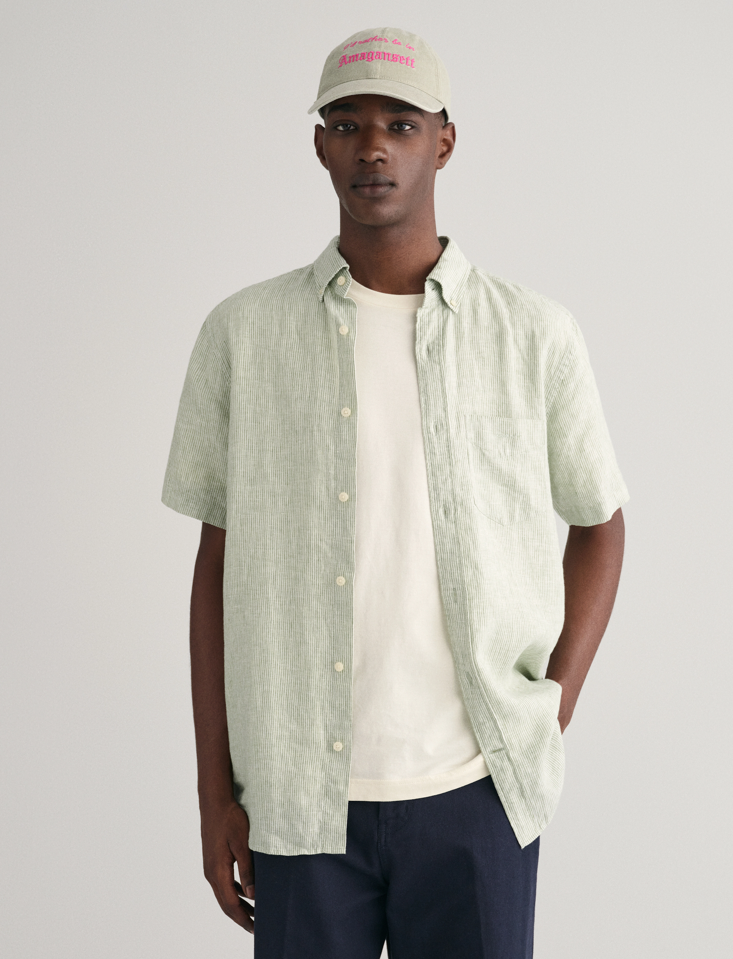 GANT - REG LINEN STRIPE SS SHIRT - kalamata green - 0