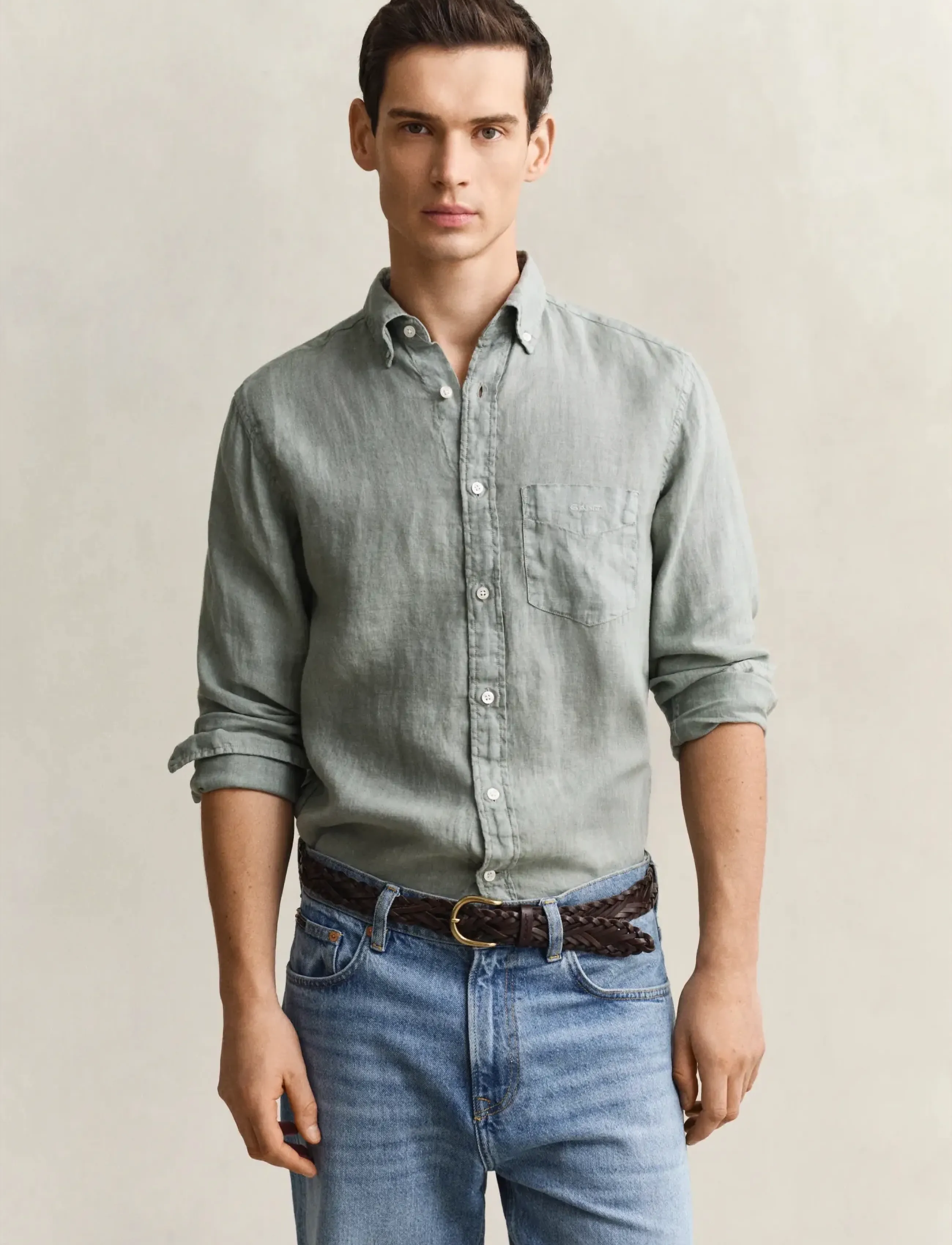 Gant Reg Gmnt Dyed Linen Shirt, Mænd, Langærmet Linned Skjorte, Kakigrøn, Str: XXL