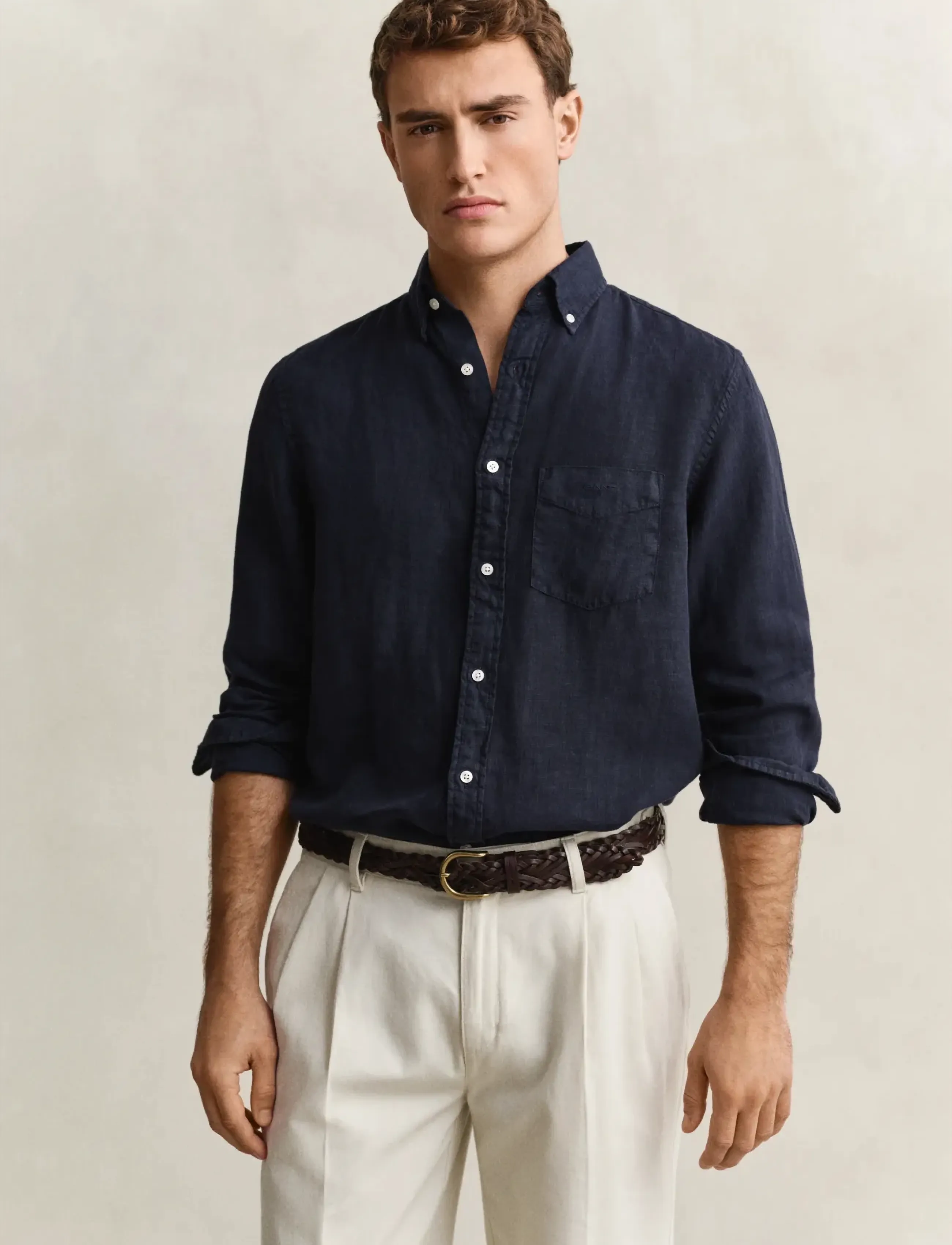 Gant Reg Gmnt Dyed Linen Shirt, Mænd, Langærmet Linned Skjorte, Navy, Str: XXXL