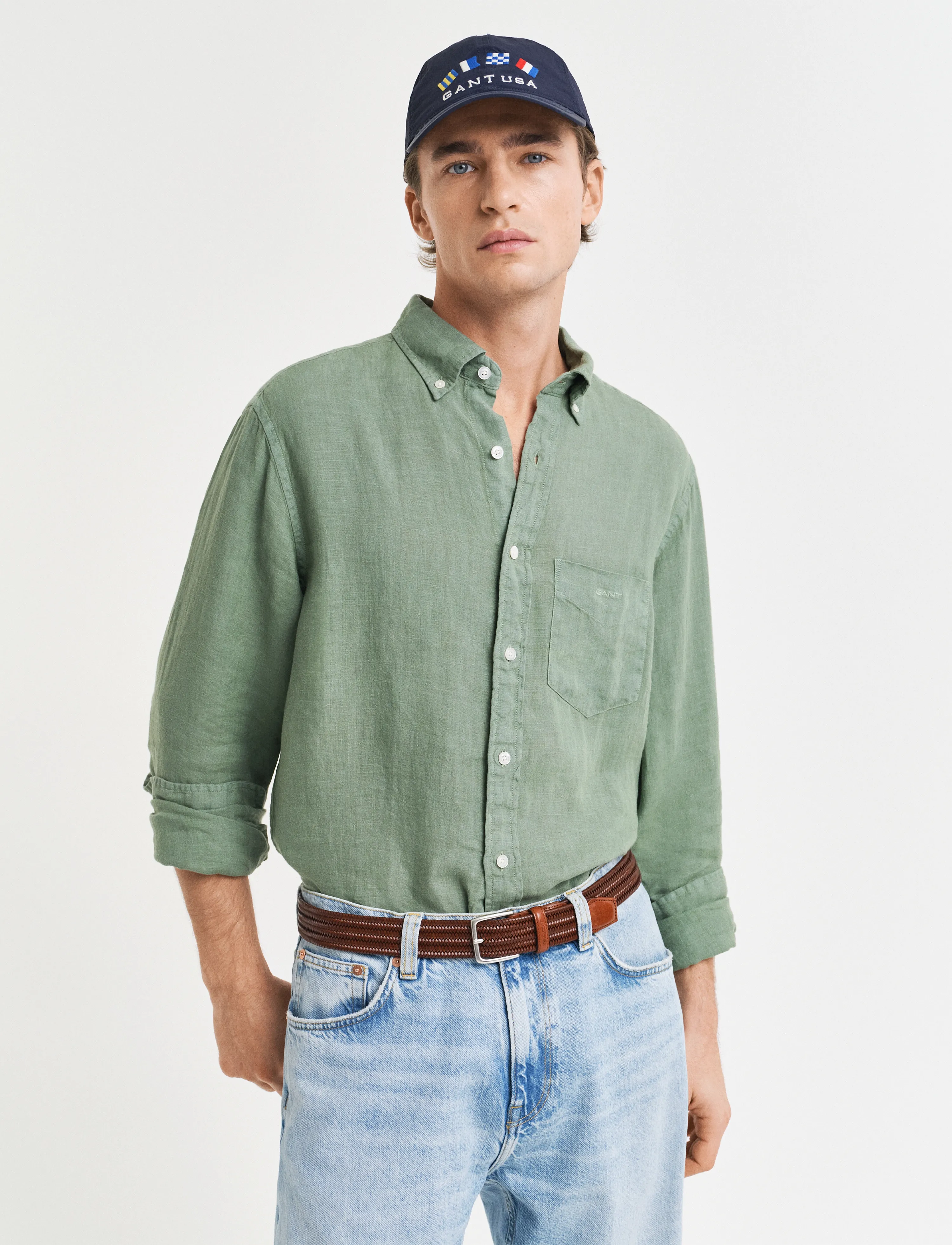 Gant Reg Gmnt Dyed Linen Shirt, Mænd, Langærmet Linned Skjorte, Grøn, Str: XXXL