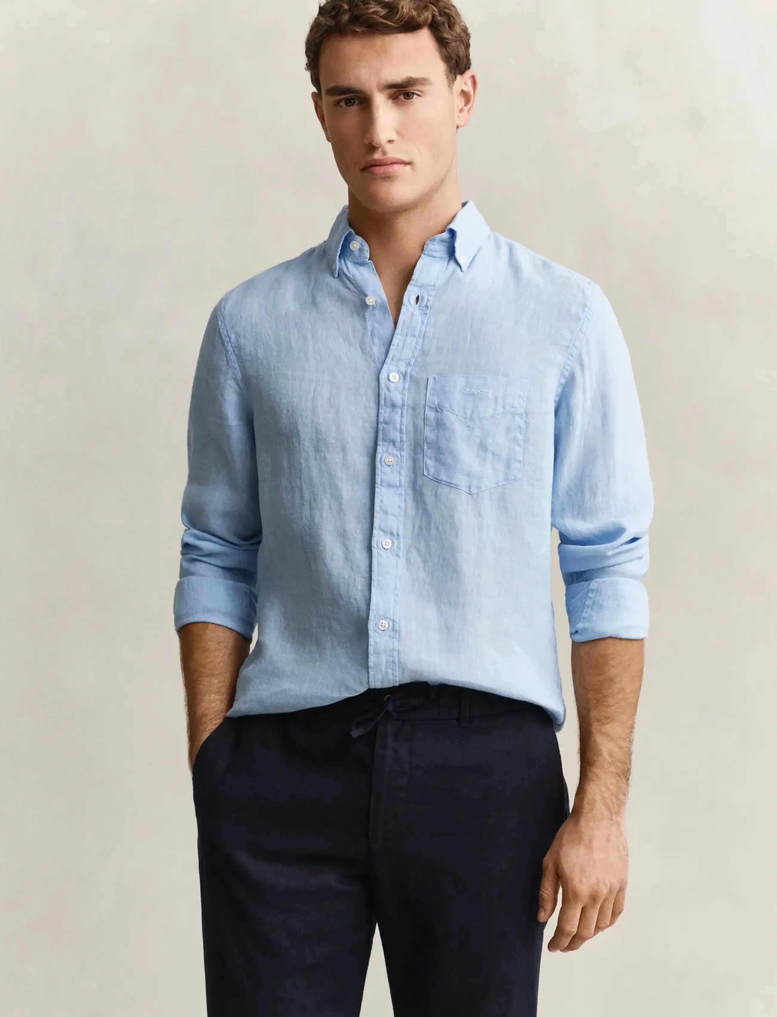 Gant Reg Gmnt Dyed Linen Shirt, Mænd, Langærmet Linned Skjorte, Blå, Str: XXL