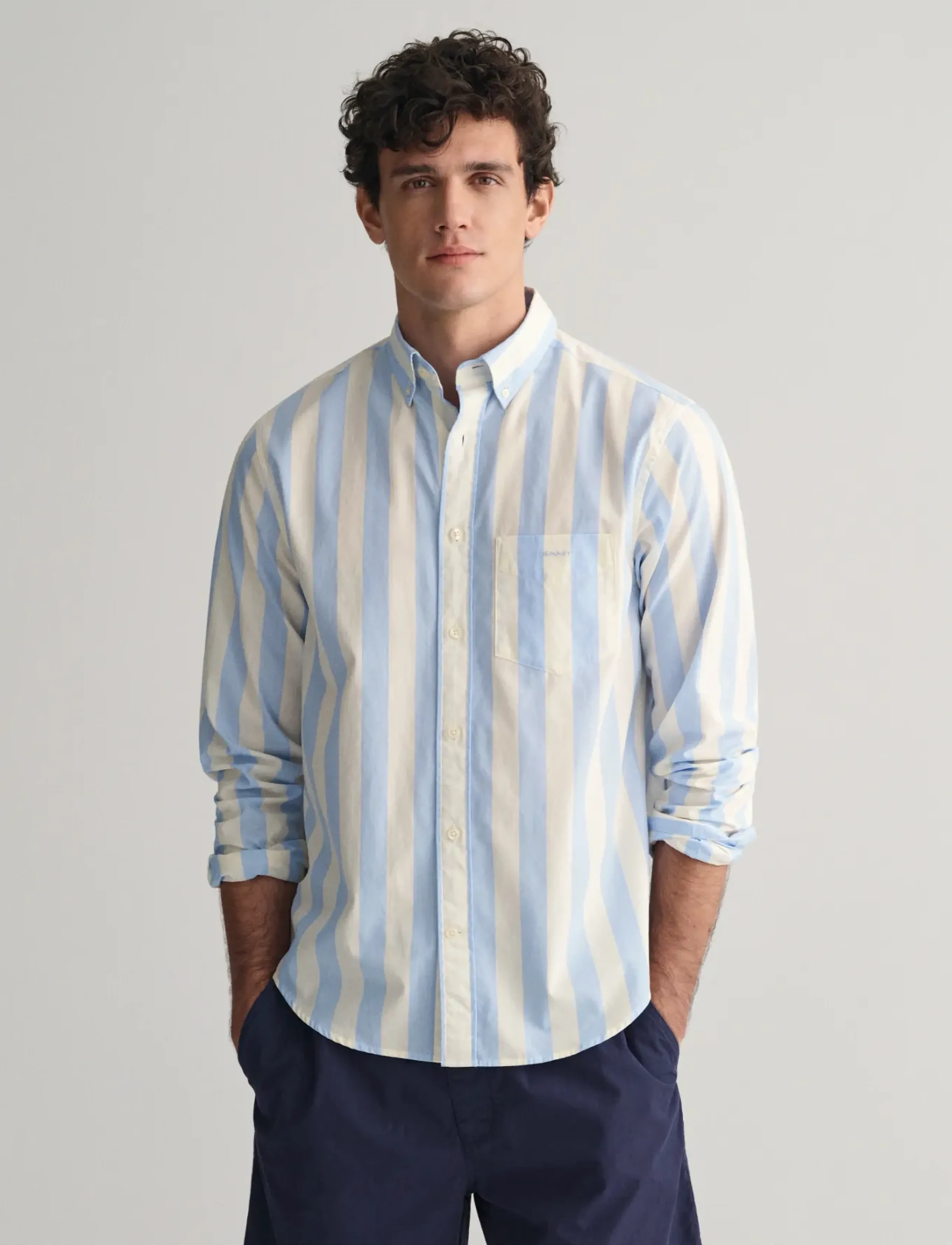 Gant Reg Poplin Parasol Stripe Shirt, Mænd, Stribet Button-Down Skjorte, Blå, Str: L