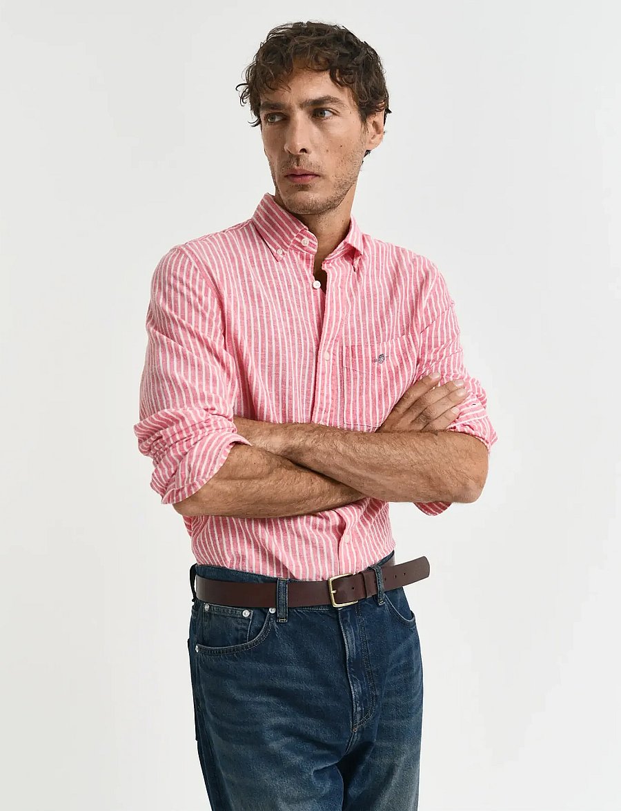 Gant - REG COTTON LINEN STRIPE SHIRT - hørskjorter - brick red - 0