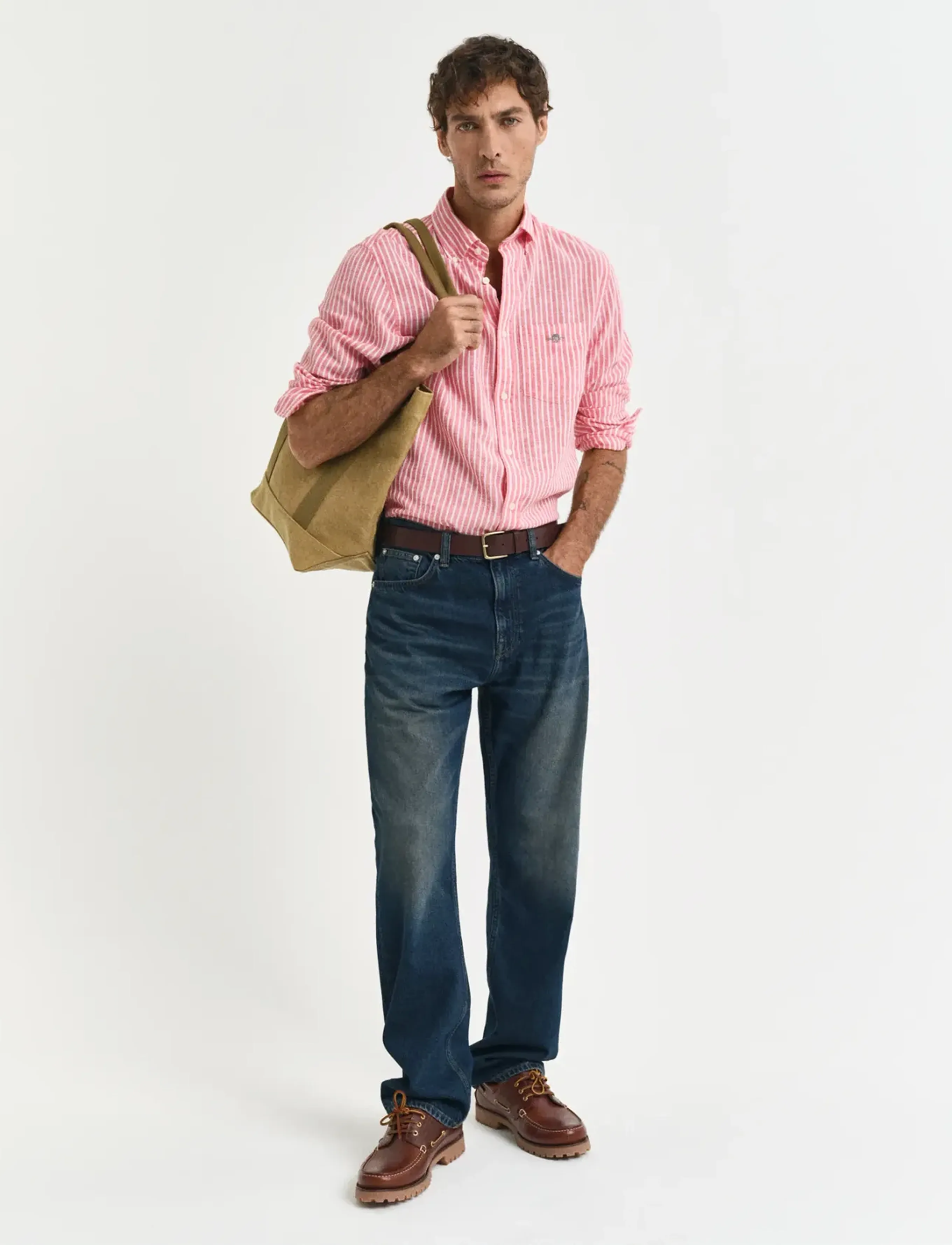 Gant - REG COTTON LINEN STRIPE SHIRT - hørskjorter - brick red - 5