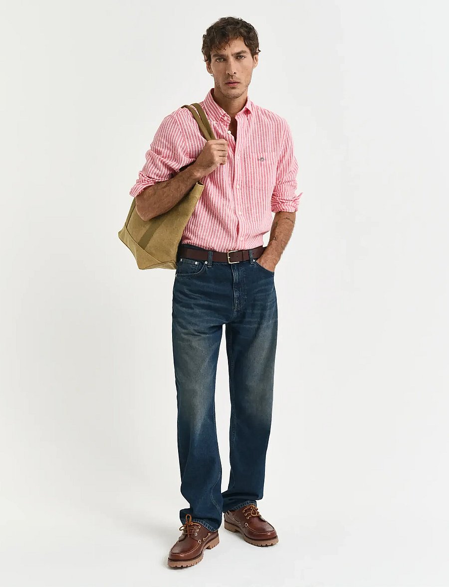 Gant - REG COTTON LINEN STRIPE SHIRT - hørskjorter - brick red - 5