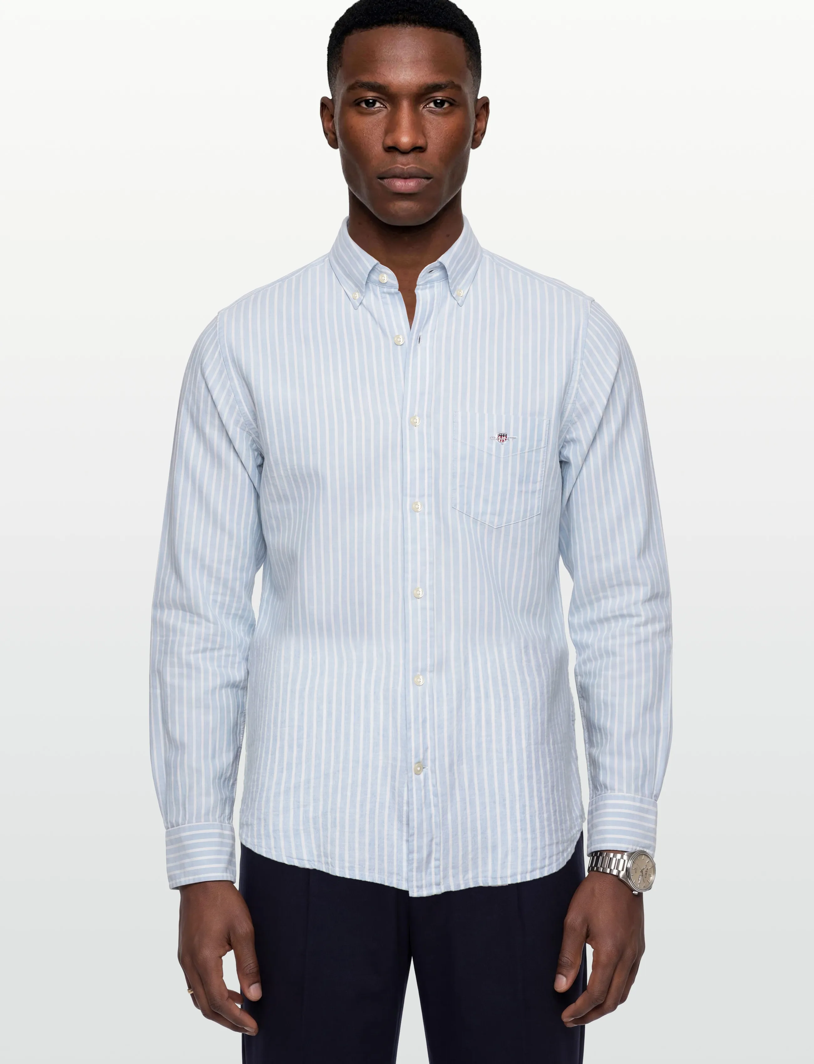 Gant - REG COTTON LINEN STRIPE SHIRT - hørskjorter - fresh blue - 3
