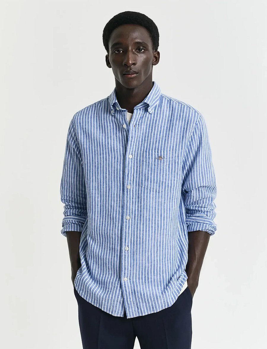 Gant - REG COTTON LINEN STRIPE SHIRT - linneskjortor - rich blue - 0