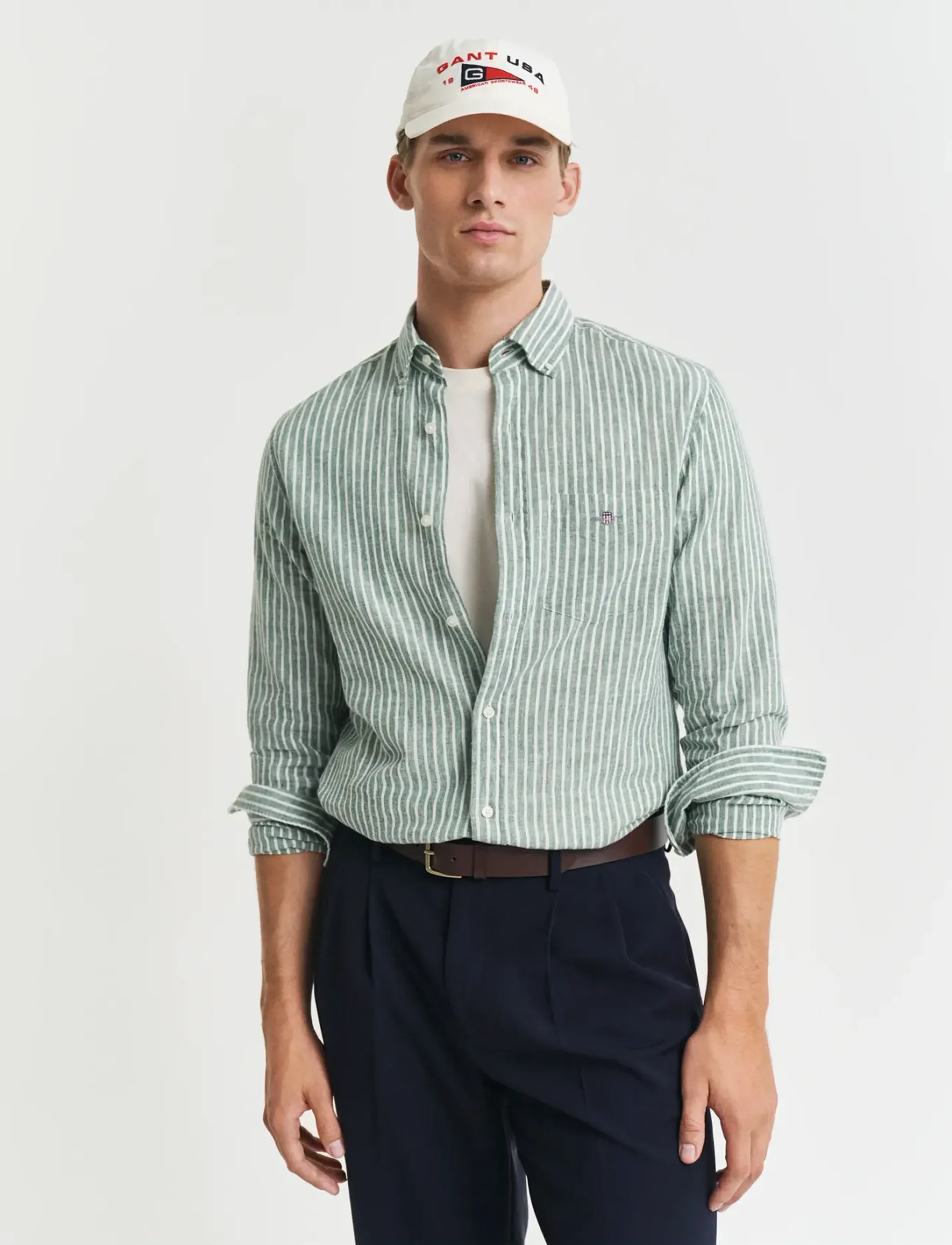 Gant Reg Cotton Linen Stripe Shirt, 3XL, Shirts, Grün - Männerswear