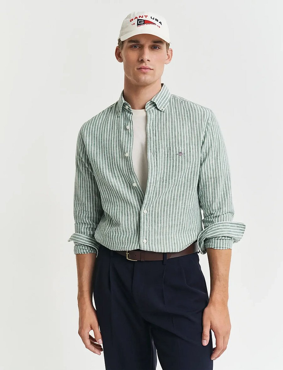Gant - REG COTTON LINEN STRIPE SHIRT - linased särgid - woody green - 0