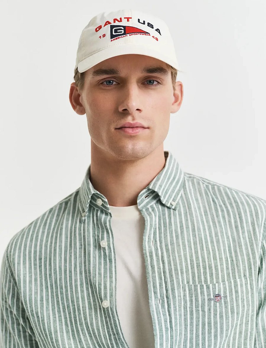 Gant - REG COTTON LINEN STRIPE SHIRT - linased särgid - woody green - 4