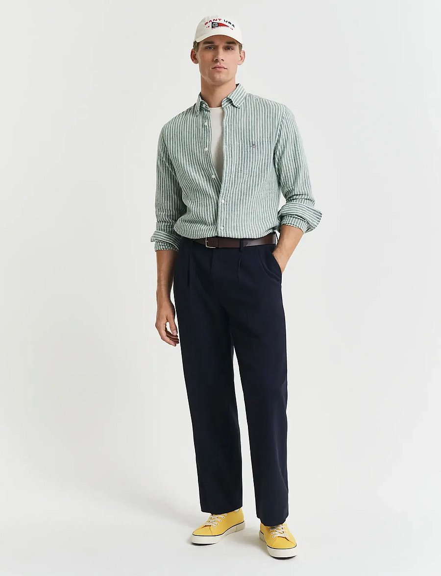 Gant - REG COTTON LINEN STRIPE SHIRT - linased särgid - woody green - 5