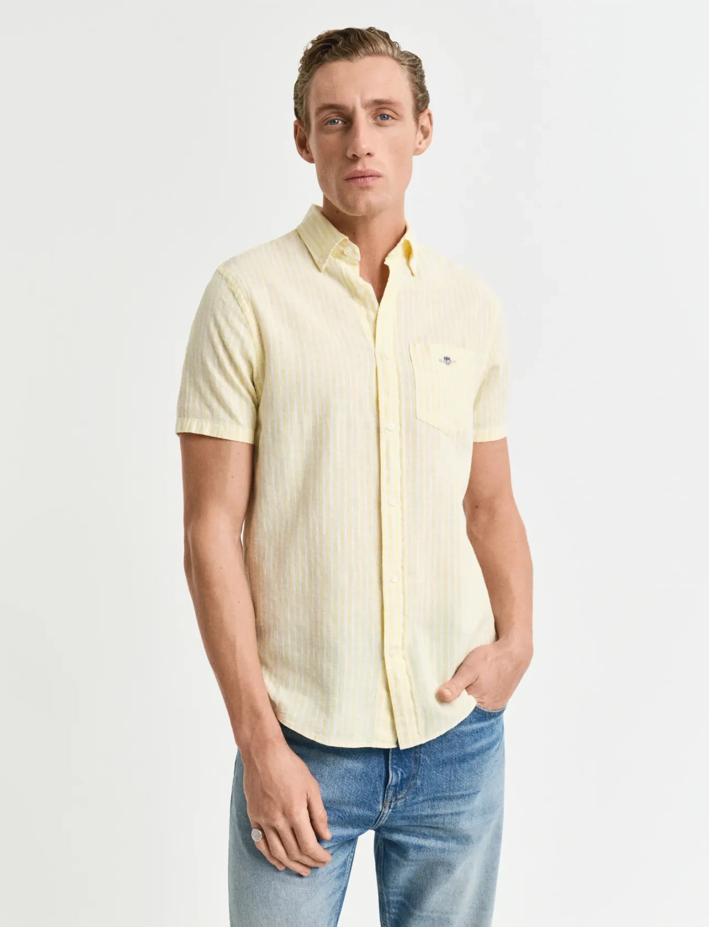 GANT REG COTTON LINEN STRIPE SS SHIRT - Leinenhemden - BANANA YELLOW / yellow