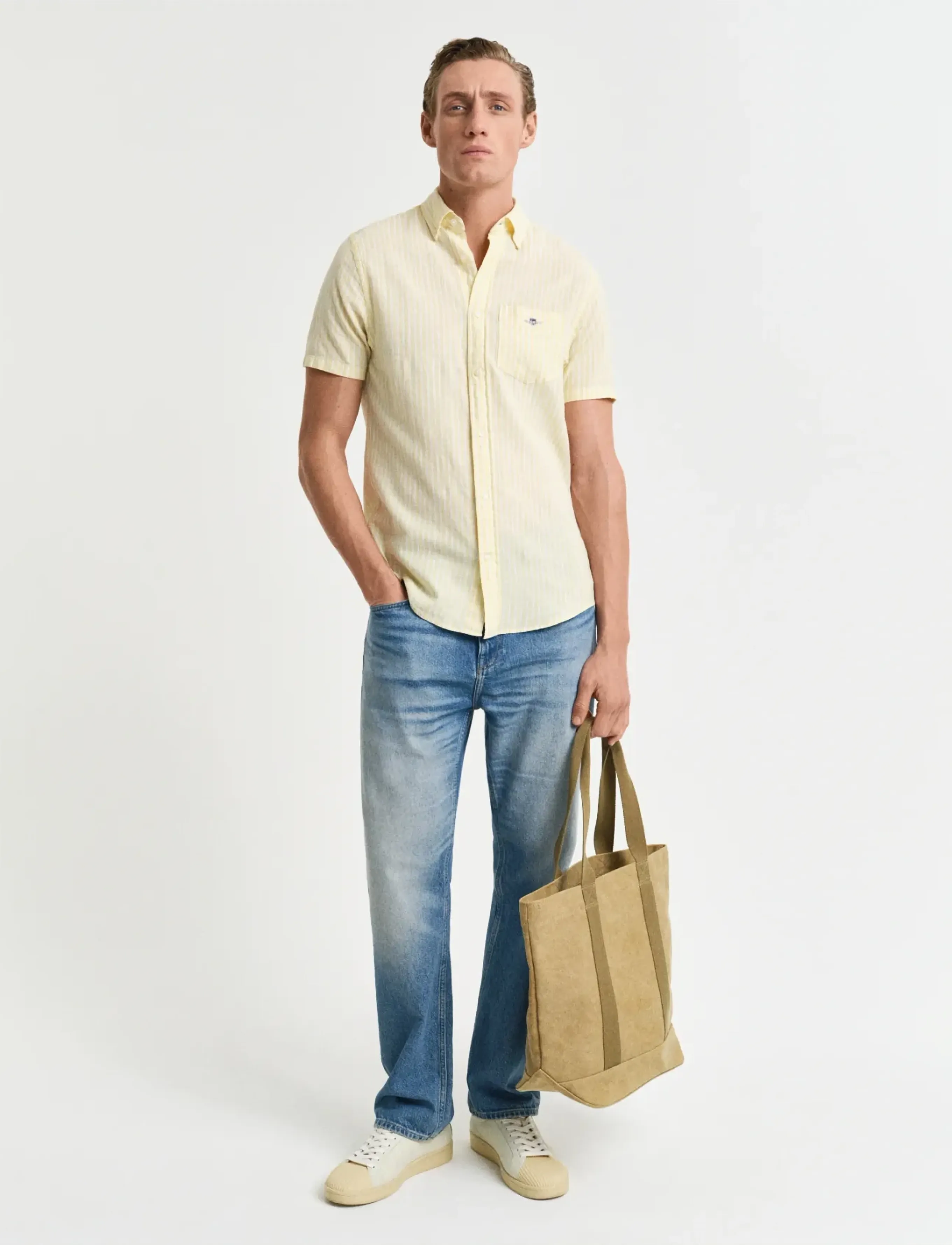 Gant - REG COTTON LINEN STRIPE SS SHIRT - lininiai marškiniai - banana yellow - 5