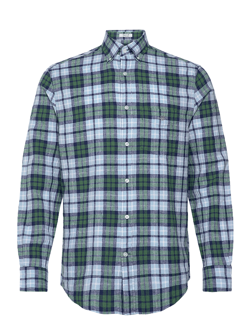 GANT - REG COTTON LINEN CHECK SHIRT - linneskjortor - woody green - 0