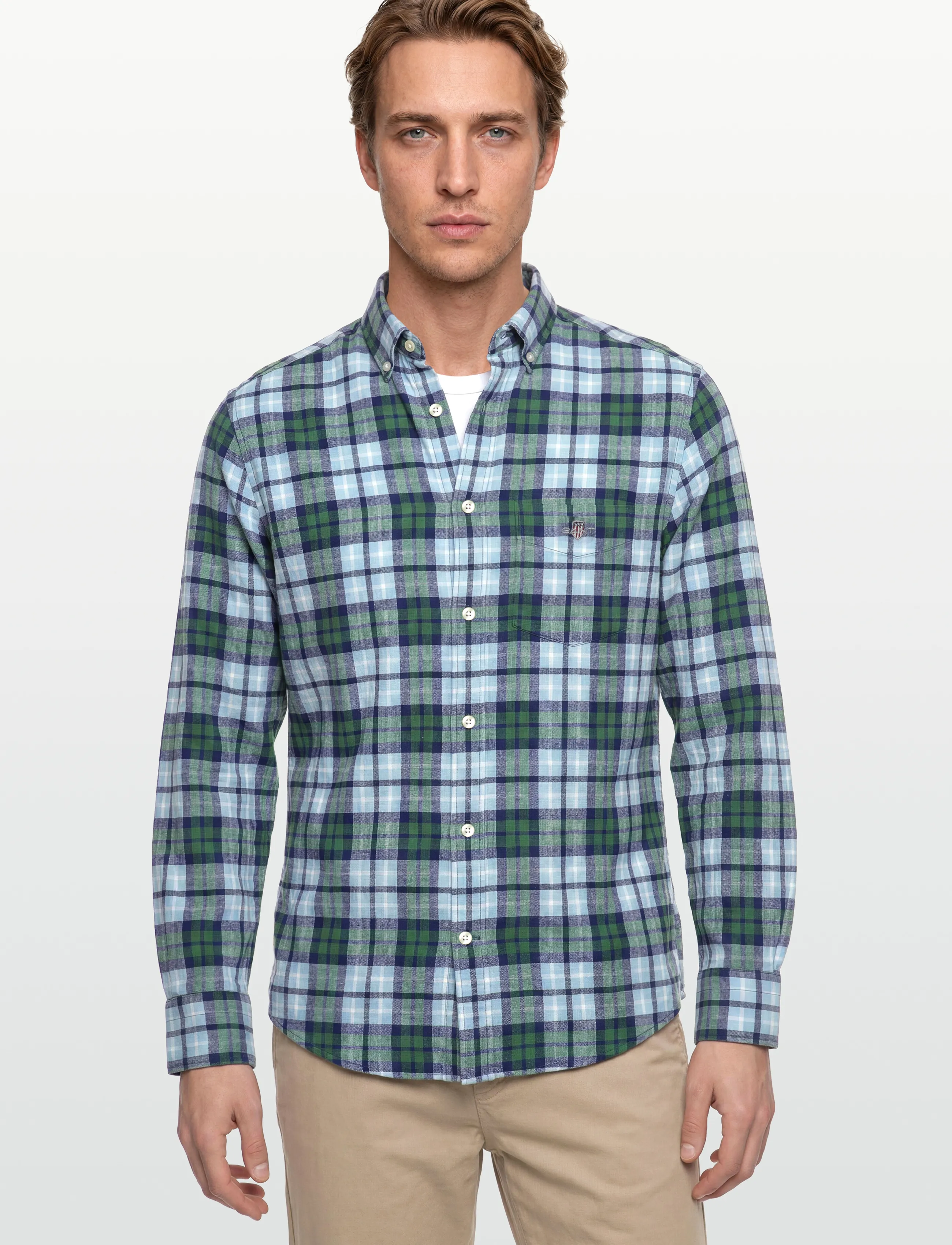 Gant - REG COTTON LINEN CHECK SHIRT - hørskjorter - woody green - 3