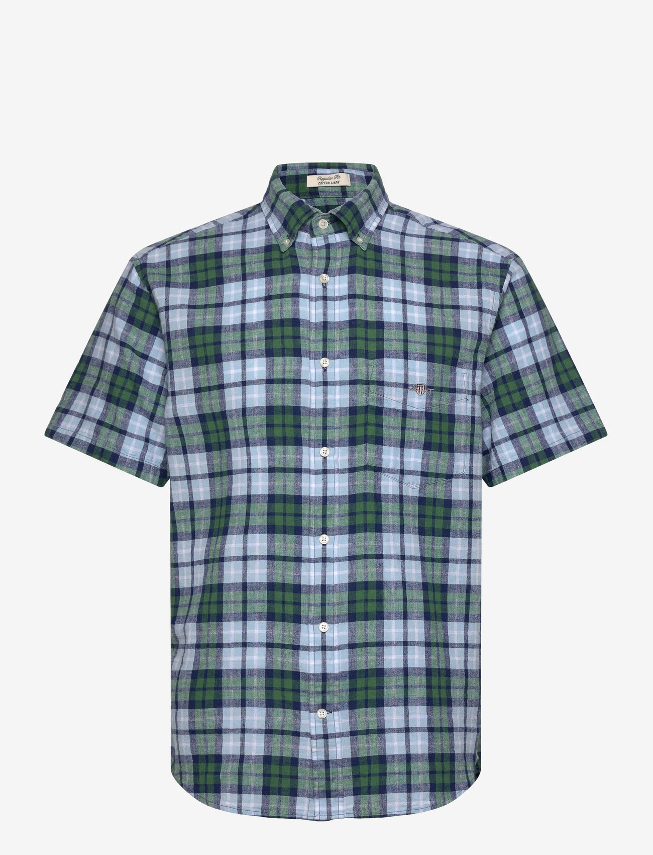 Gant - REG COTTON LINEN CHECK SS SHIRT - lininiai marškiniai - woody green - 0