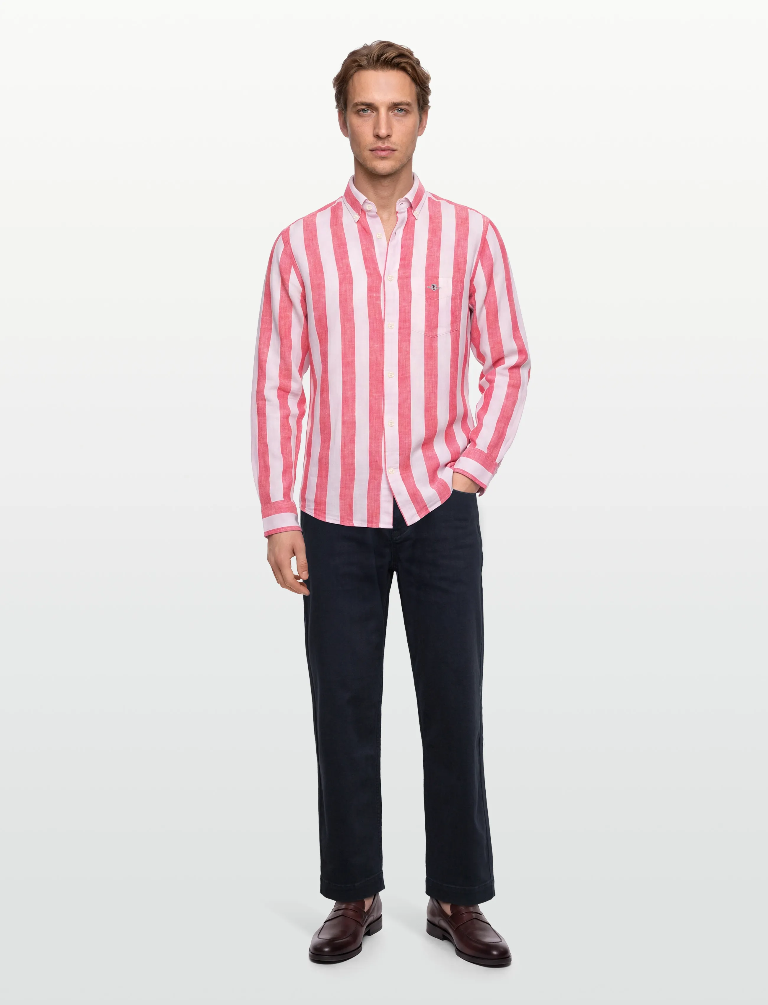 Gant Reg Cotton Linen Bold Stripe Shirt, S, Red, Shirts > Striped Shirts, Herre