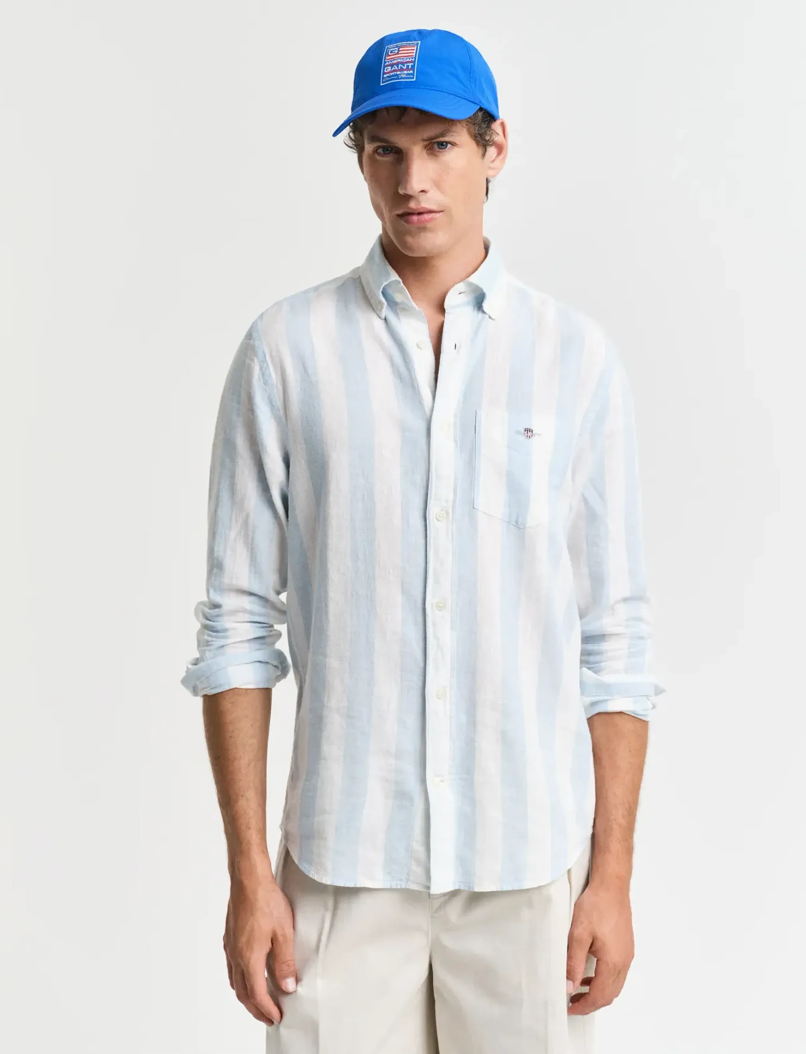 Gant Reg Cotton Linen Bold Stripe Shirt, XXL, Blue, Shirts > Striped Shirts, Herre