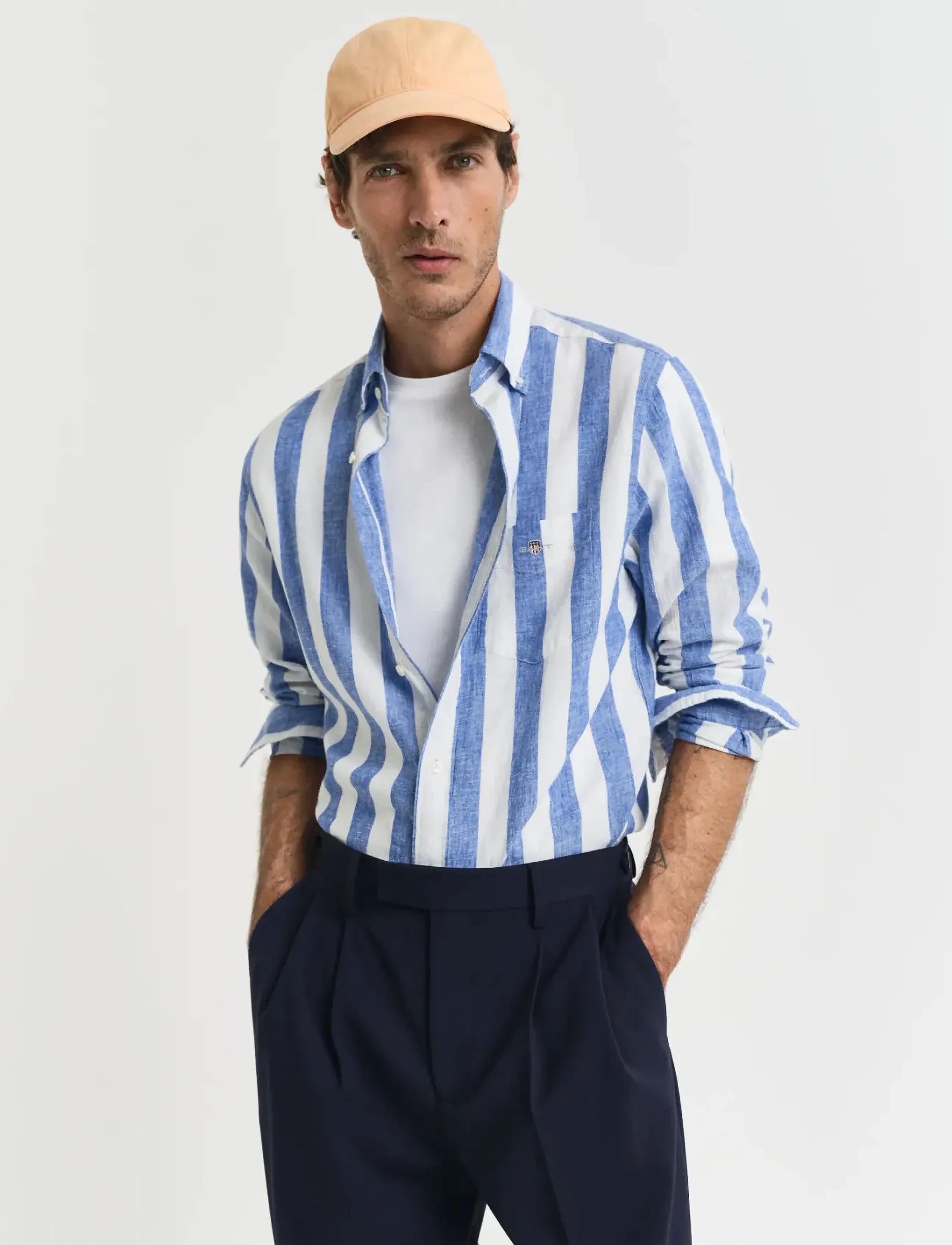 Gant Reg Cotton Linen Bold Stripe Shirt, XXL, Blue, Shirts > Striped Shirts, Herre