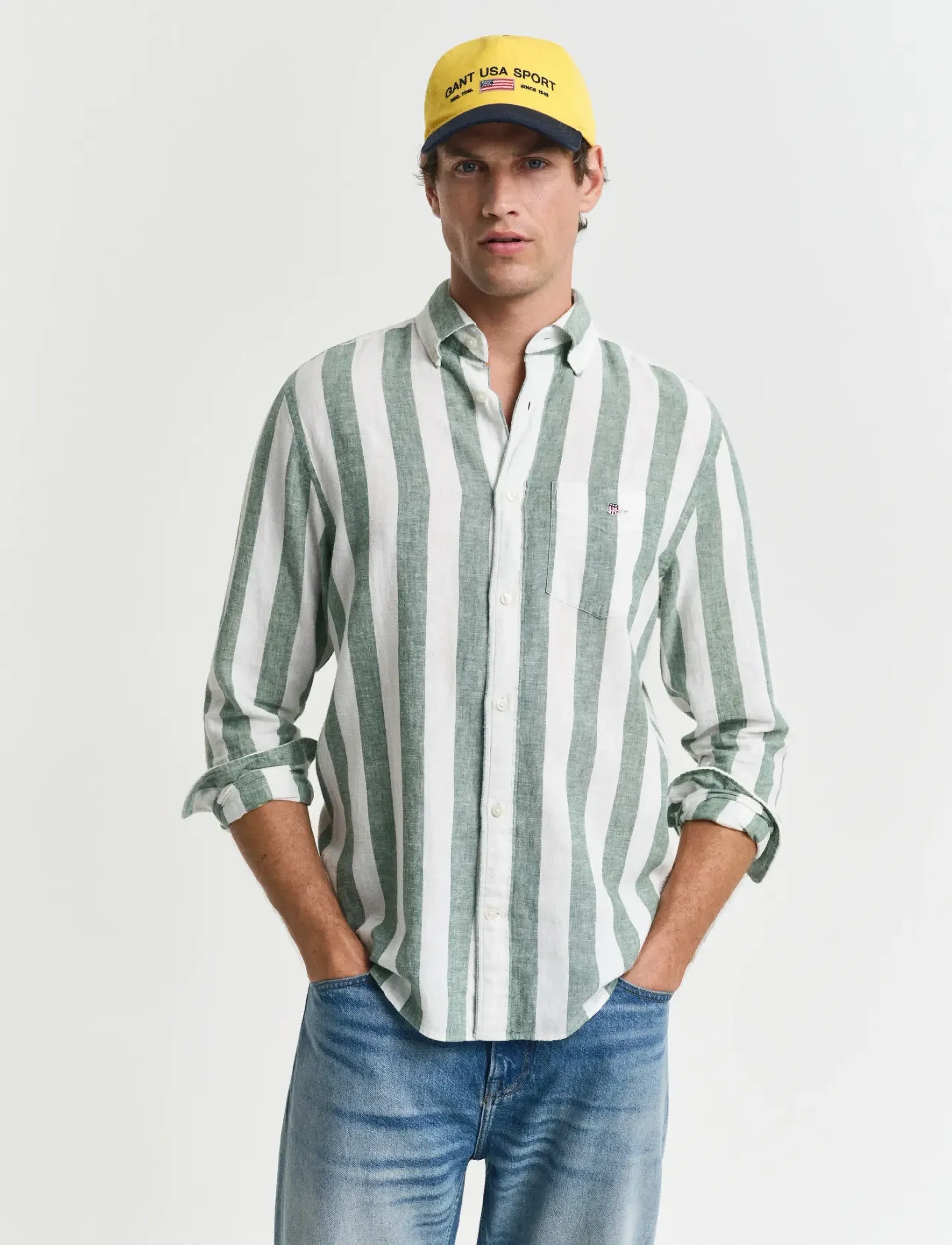 Gant Reg Cotton Linen Bold Stripe Shirt, XL, Green, Shirts > Striped Shirts, Herre