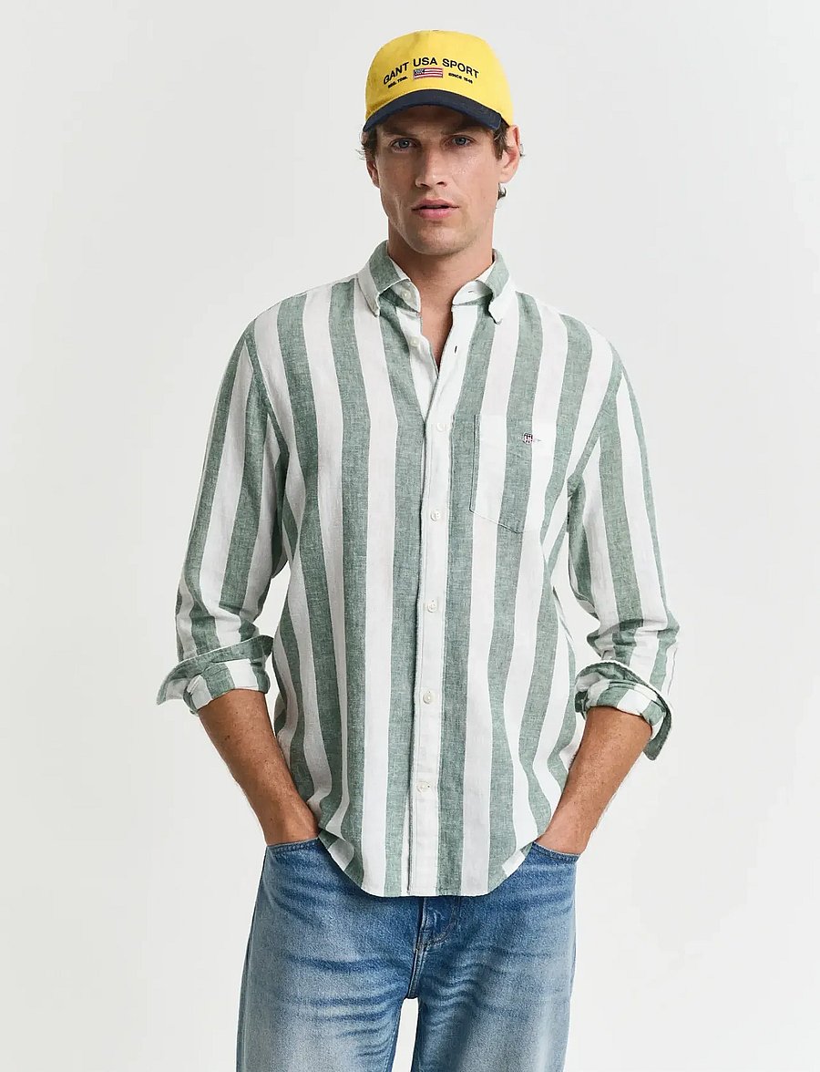 Gant - REG COTTON LINEN BOLD STRIPE SHIRT - gestreifte hemden - woody green - 0