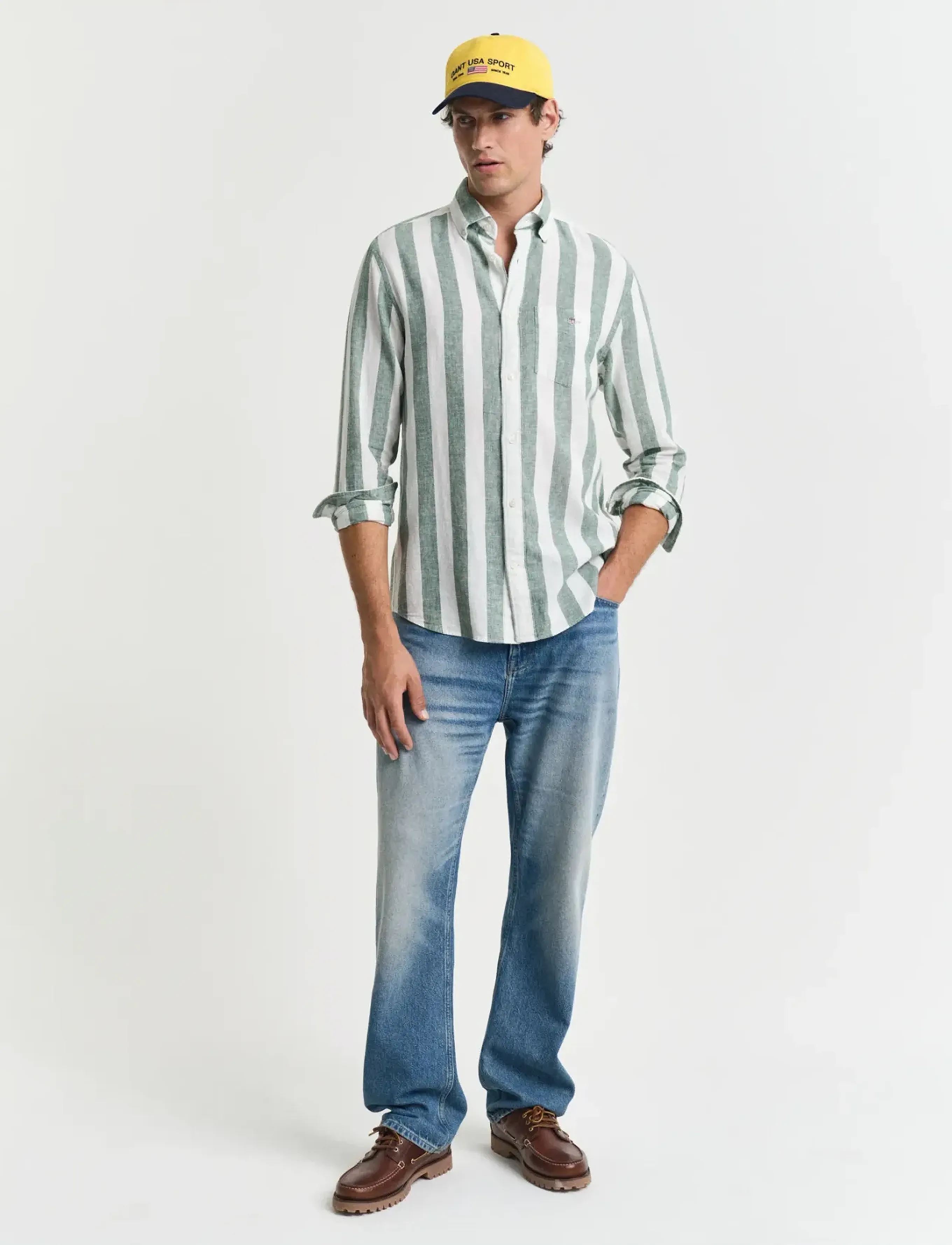Gant - REG COTTON LINEN BOLD STRIPE SHIRT - stribede skjorter - woody green - 5