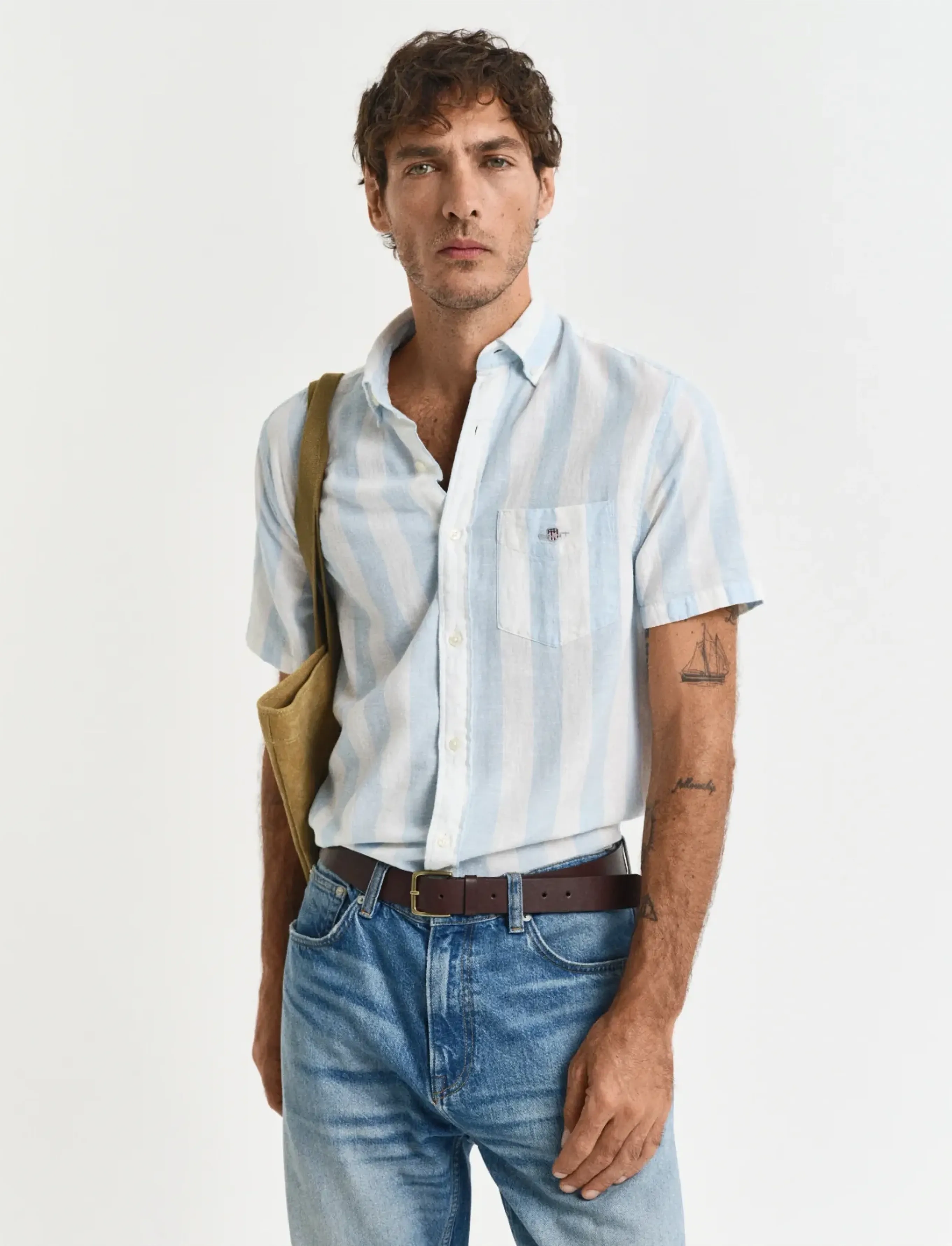 GANT REG COTTON LINEN STRIPE SS SHIRT - Deals - FRESH BLUE / blue