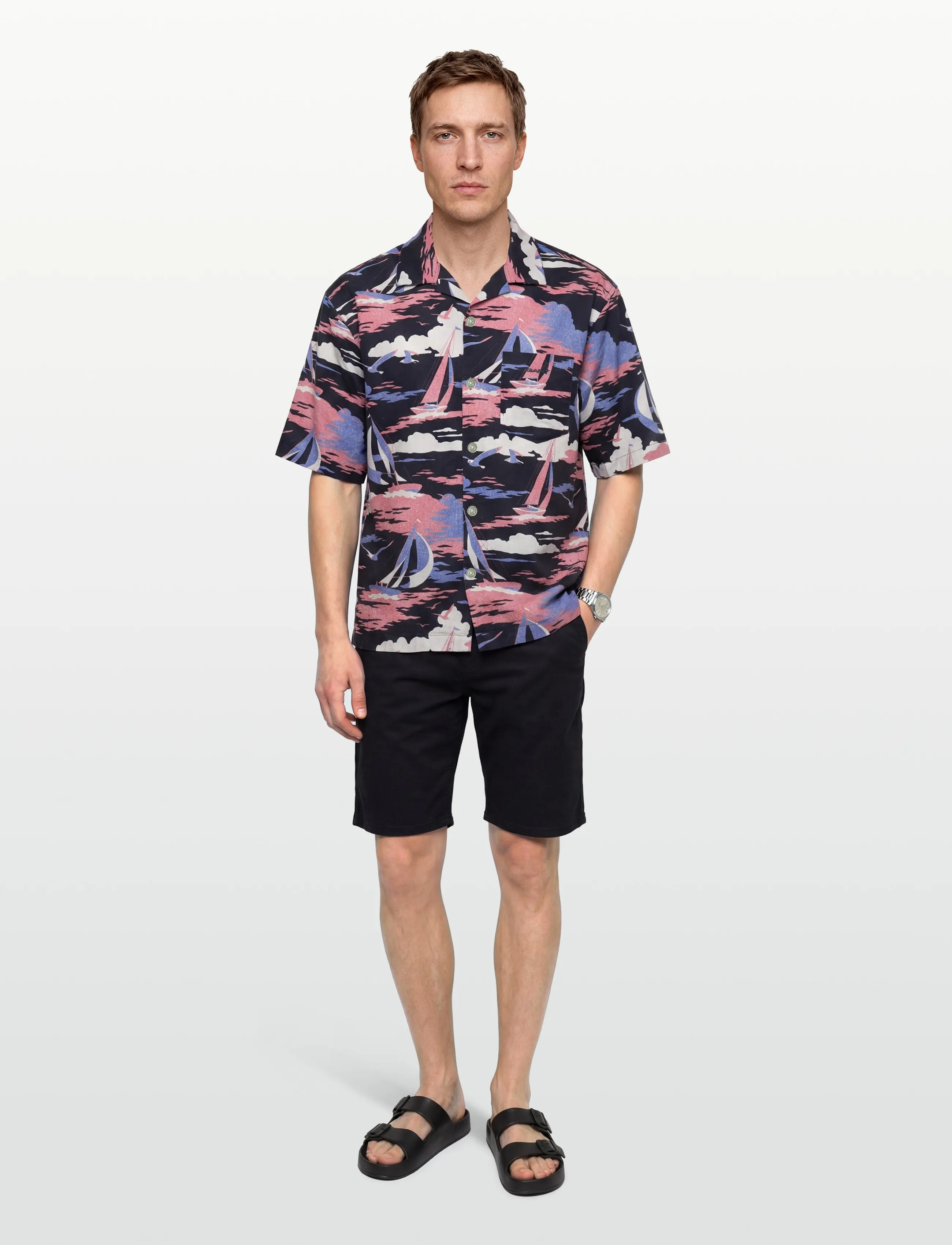 Gant Rel Sailing Print Ss Shirt, L, Navy, Skjorter > Kortærmede Shirts, Herre