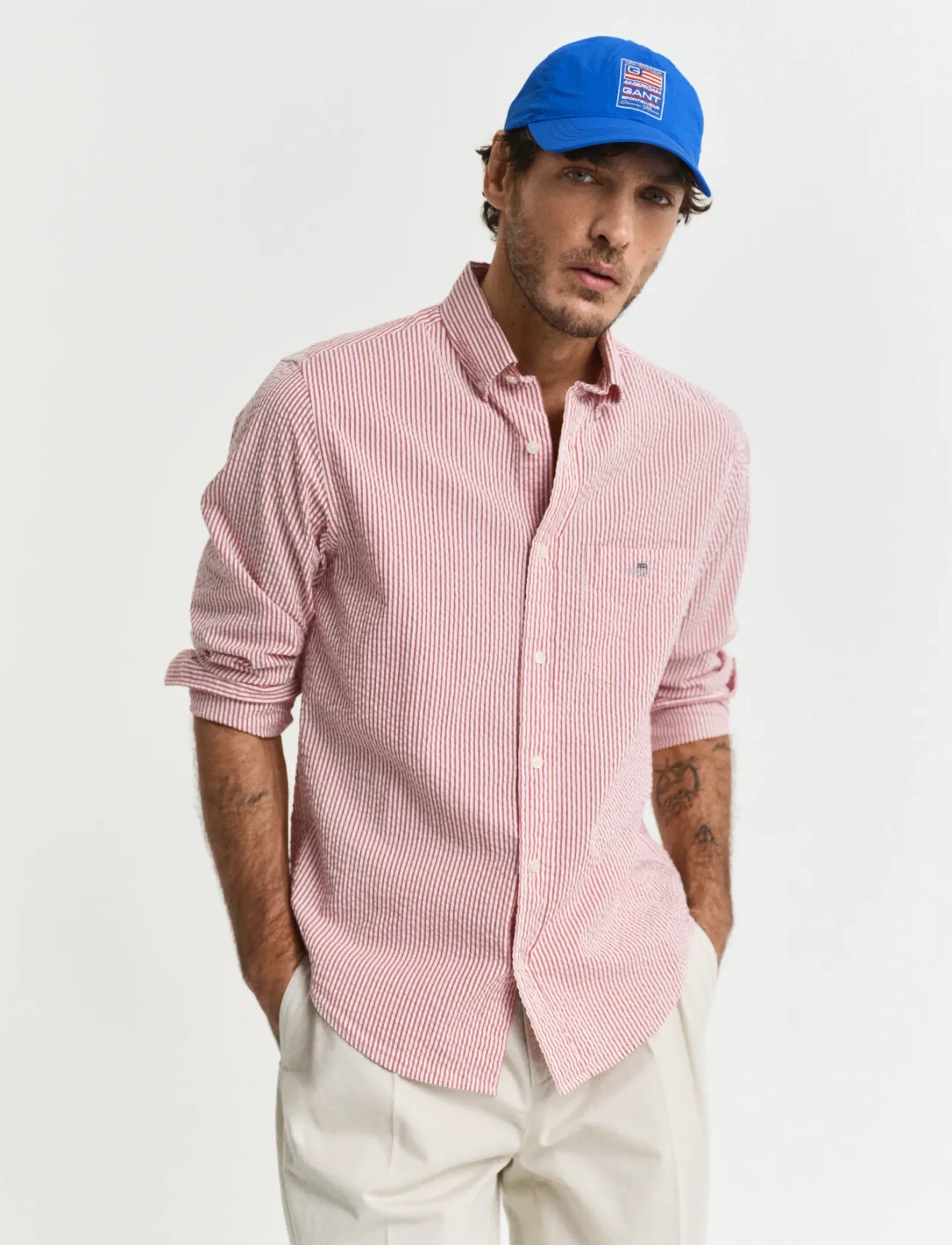 Gant Reg Seersucker Stripe Shirt, 3XL, Shirts, Rot - Striped Männerswear