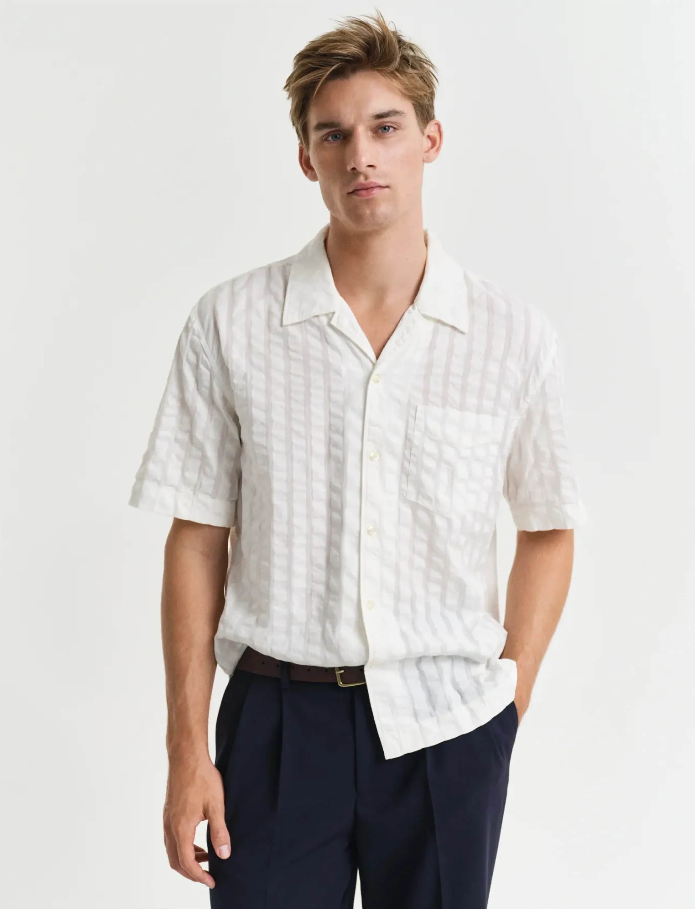 Gant Rel Seersucker Resort Shirt, M, Shirts, Creme - Short-sleeved Männerswear