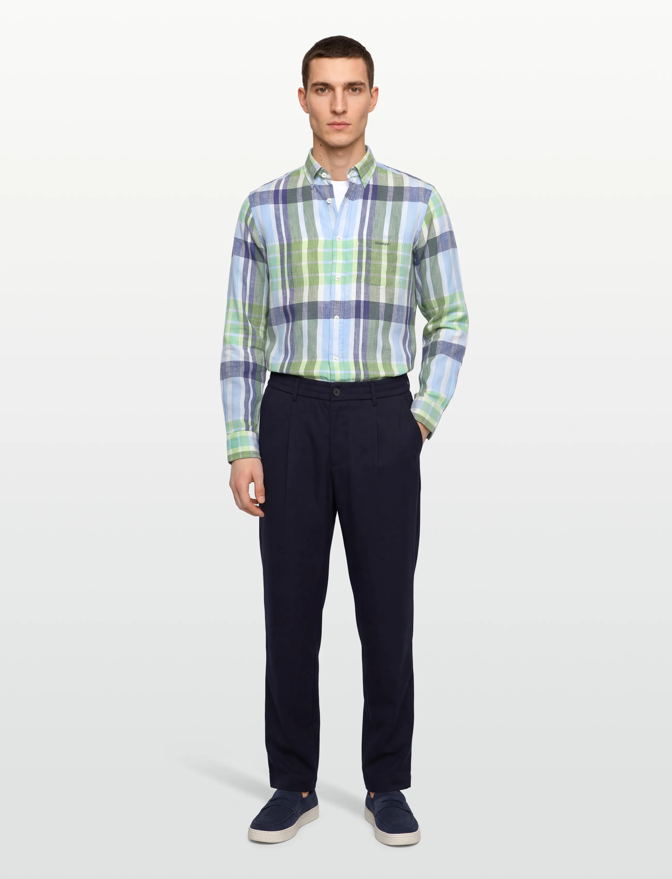 Gant Reg Linen Madras Shirt, Mænd, Hør Madras Skjorte, Grøn, Str: XL