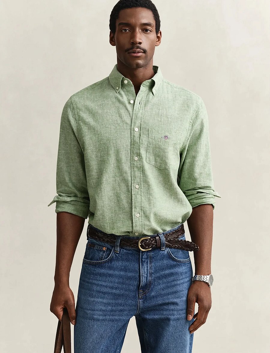 Gant - REG COTTON LINEN SHIRT - hørskjorter - herb green - 0