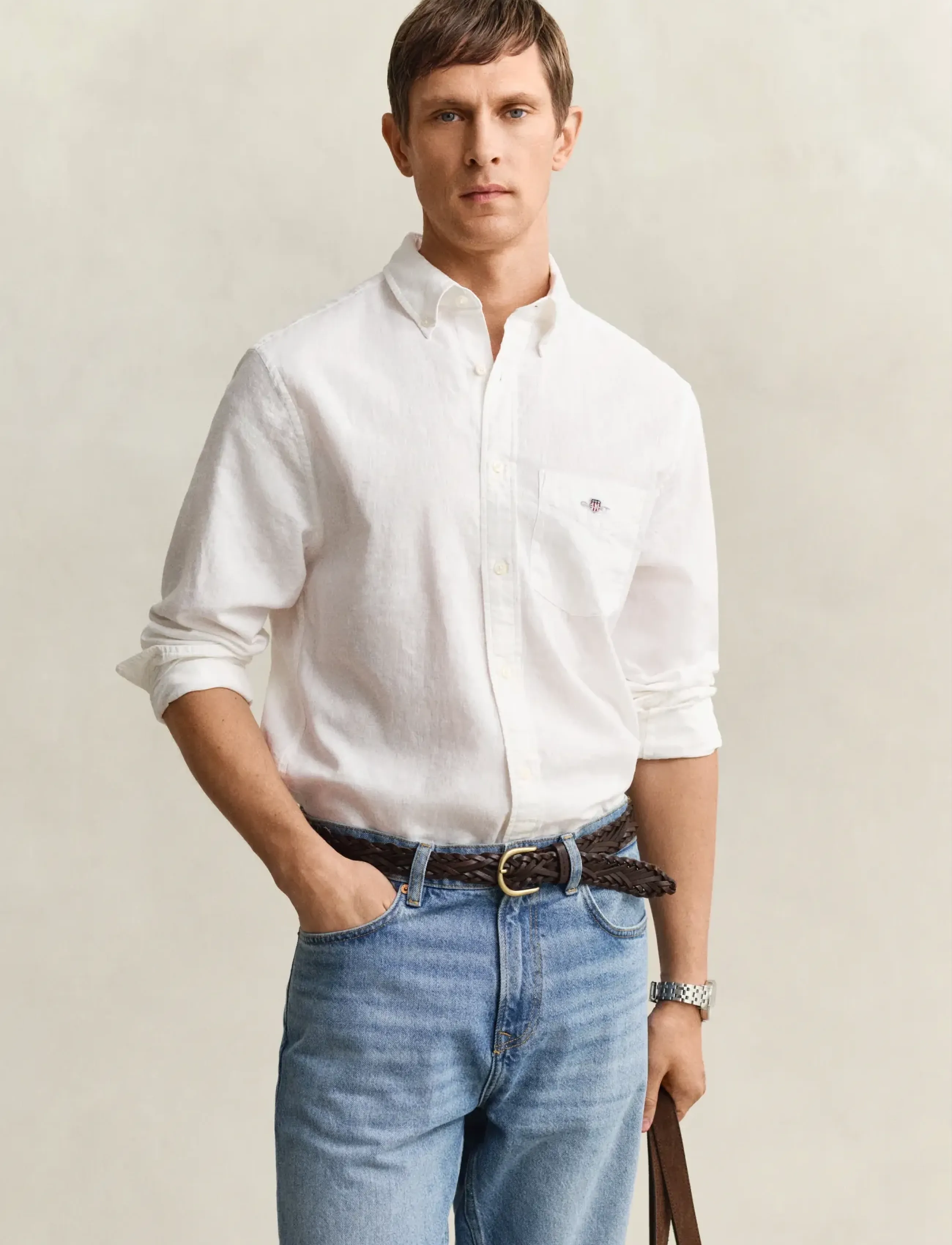 Gant Reg Cotton Linen Shirt, Mænd, Hørskjorte, Hvid, Str: L
